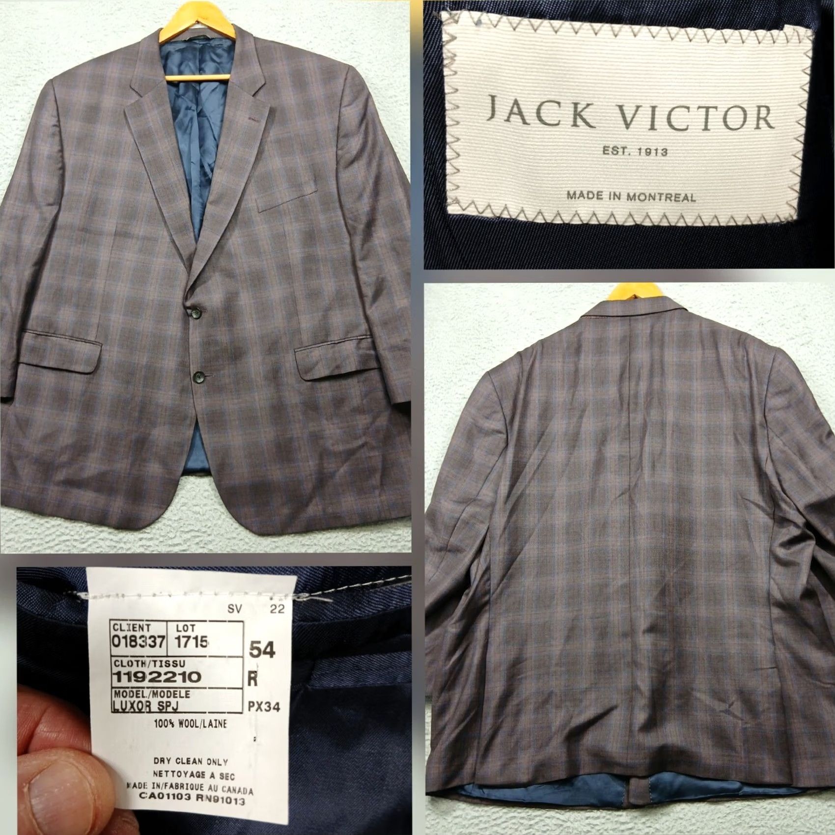 Jack Victor VINTAGE Jack Victor Blazer Sport Coat Brown Plaid 54R Wool Canada Men Size 54R - 2 Thumbnail
