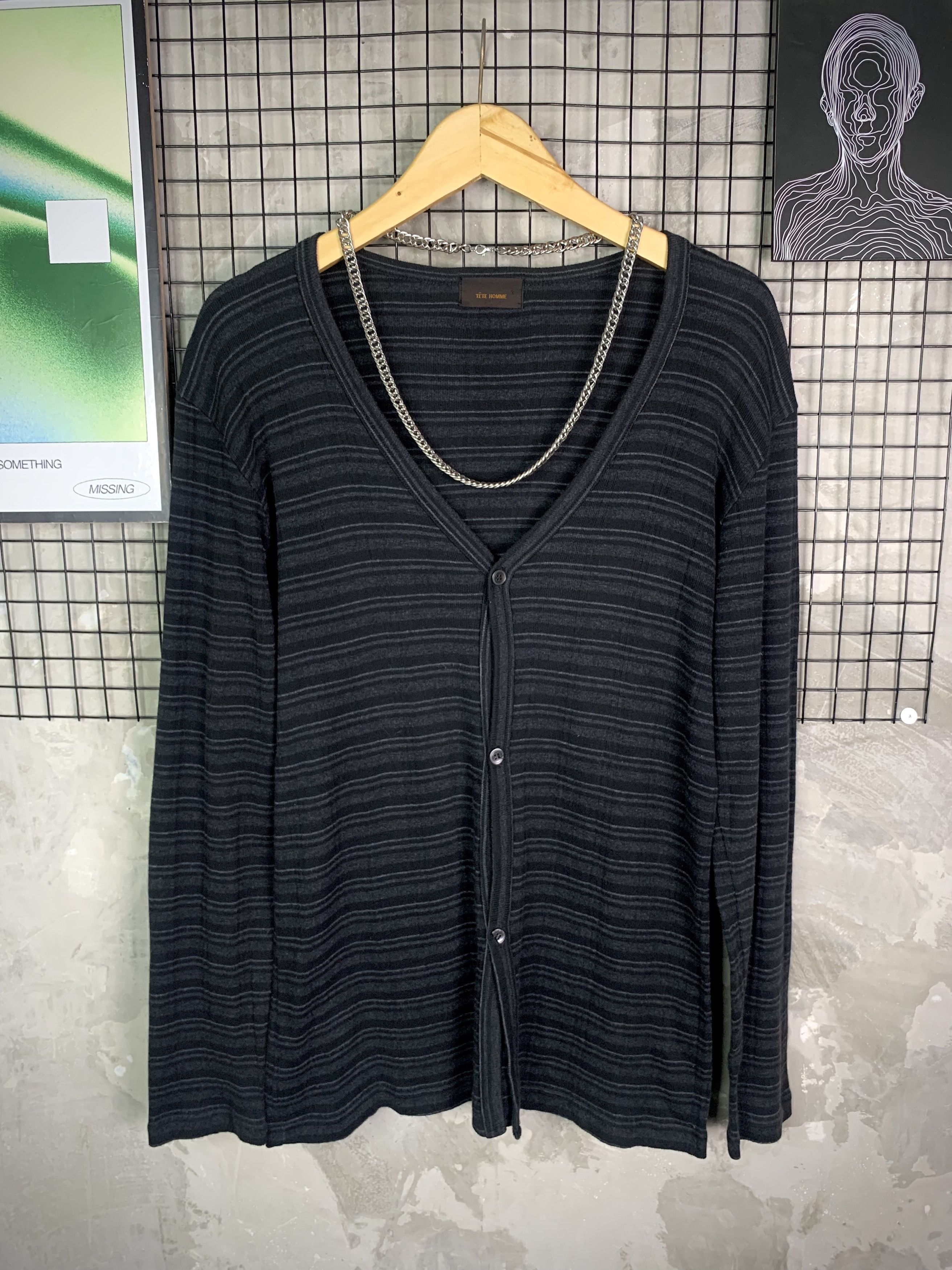 Tete Homme Tete Homme Grunge Striped Button Up Vneck Cardigans Size US L / EU 52-54 / 3 - 1 Thumbnail