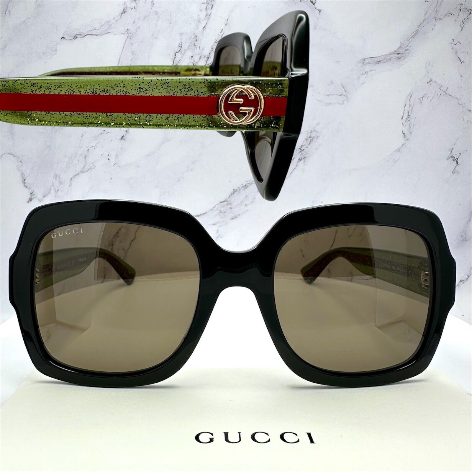Gucci New Gucci Sunglasses Black Square Red Green Web Arms Gold Size ONE SIZE - 21 Thumbnail