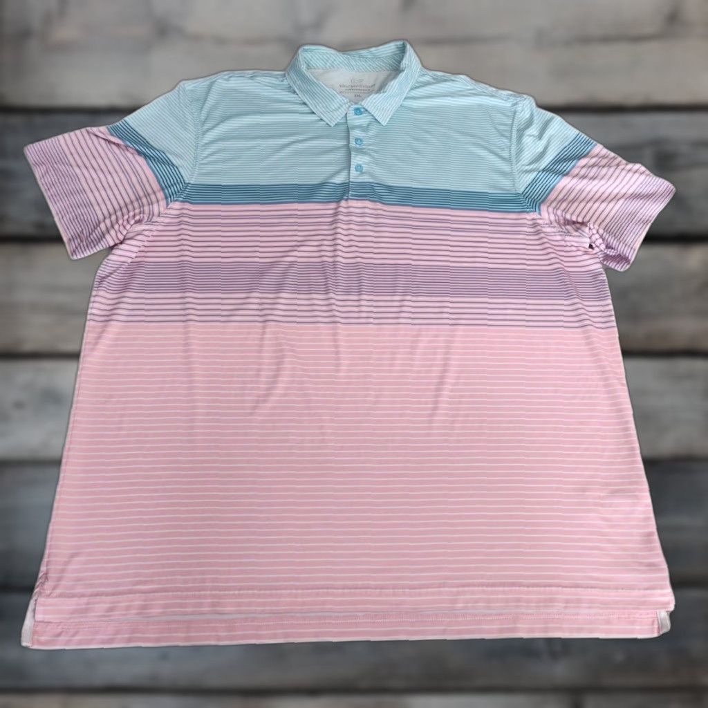 Vineyard Vines Vineyard Vines Size 2XL XXL Mens Polo Shirt Performance Wicking Short Sleeve Button Collared Pink/Blue Striped Polo Size US XXL / EU 58 / 5 - 1 Thumbnail