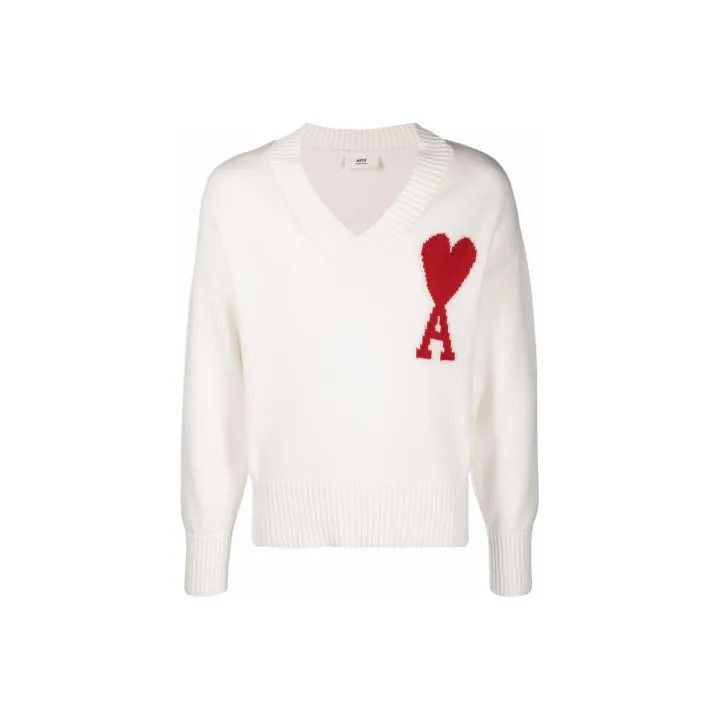 AMI Amiparis SS22 V-Neck Sweater with Heart Design -2507 Size US S / EU 44-46 / 1 - 1 Thumbnail