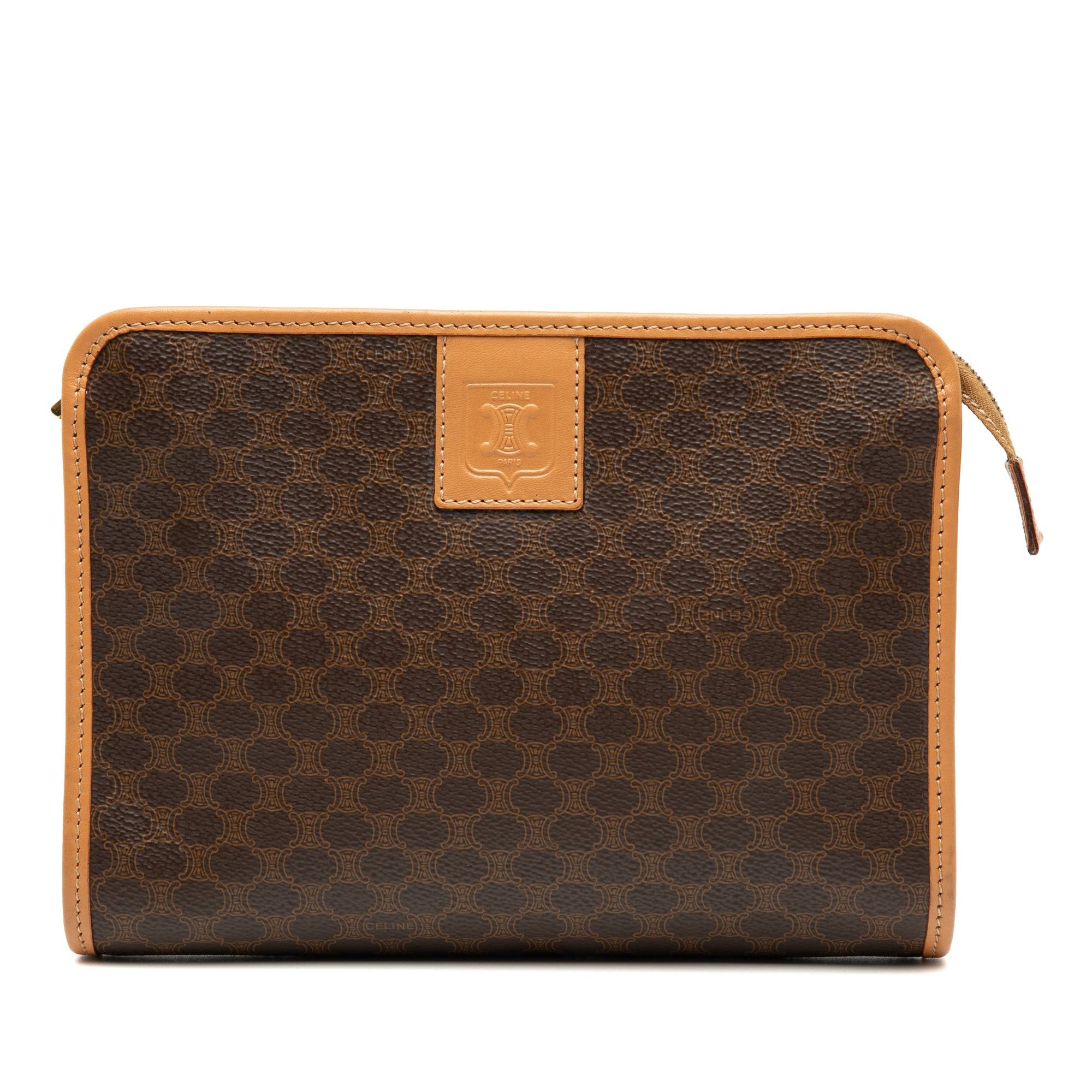Celine Macadam Coated Canvas Clutch in Brown, Women's