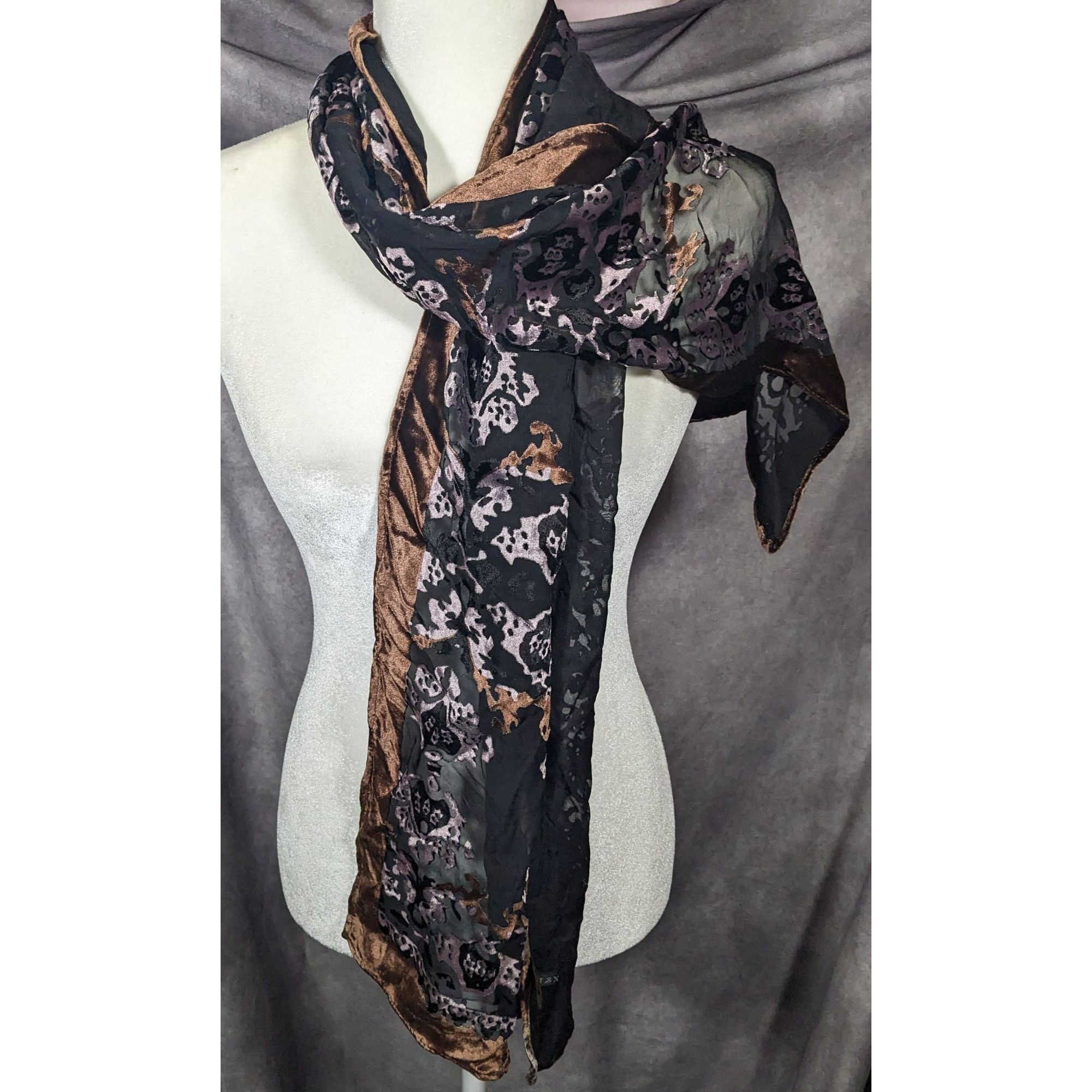 Other Brown And Lilac Gothic Damask Velvet Burnout Scarf Size ONE SIZE - 10 Thumbnail