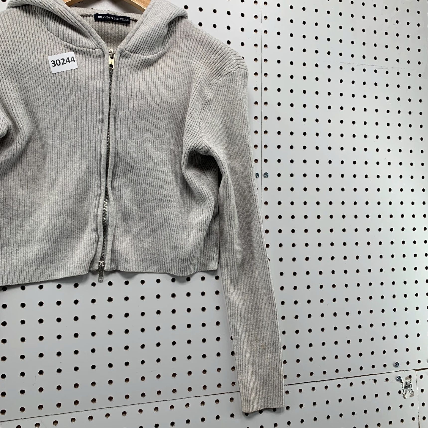 Brandy Melville Brandy Melville Hoodie Womens One Size Gray Rib Knit Crop Zip Hooded Size ONE SIZE - 4 Thumbnail