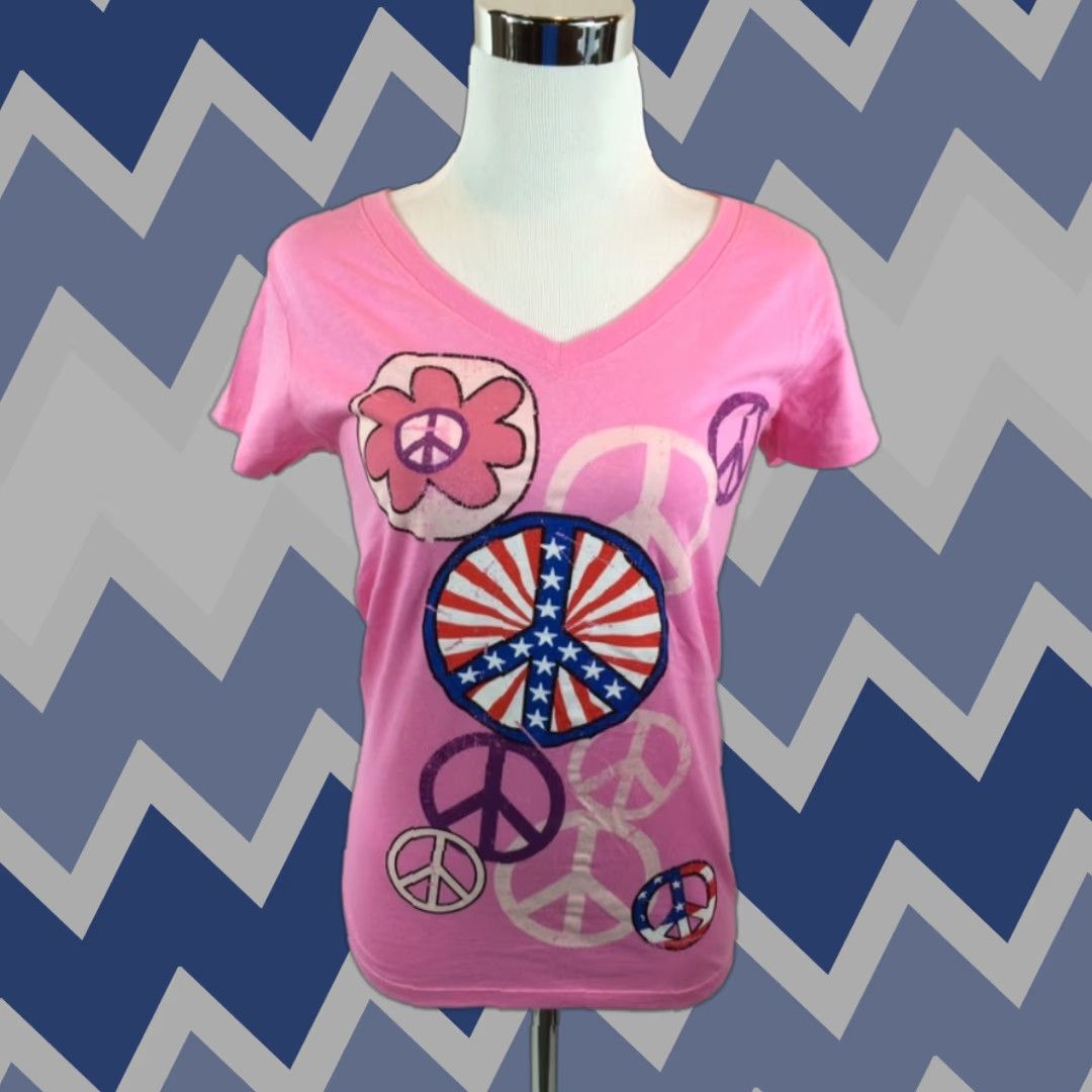 Pinko VINTAGE Peace Symbols Print Women's T Shirt Sz M Pink Tee 7/9 Size M / US 6-8 / IT 42-44 - 1 Thumbnail