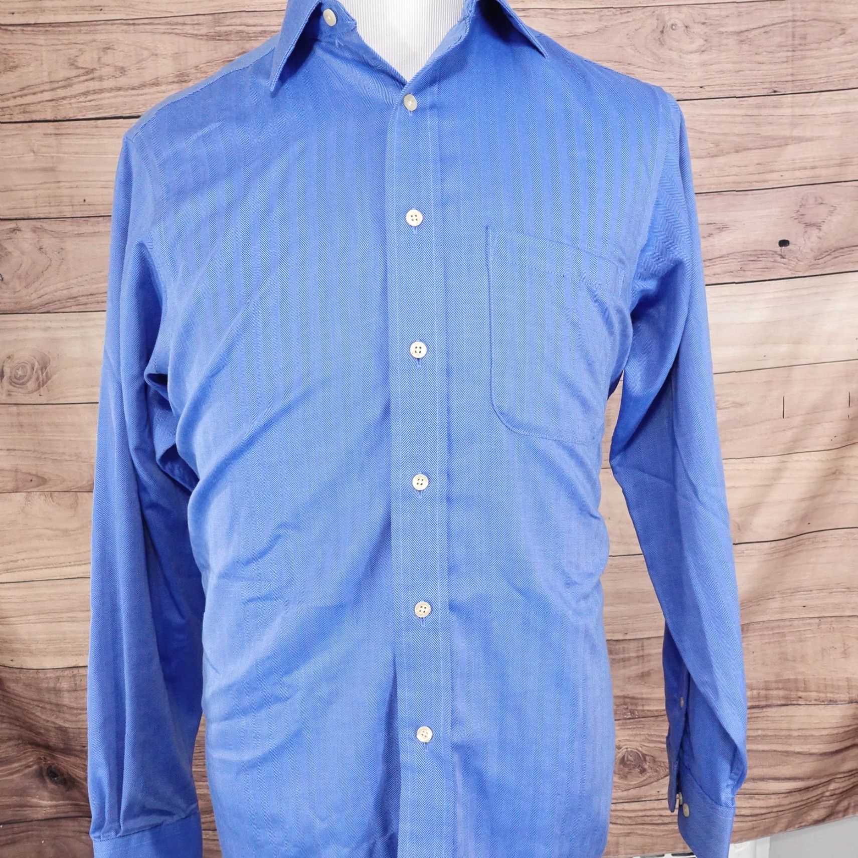 Chaps Vintage Chaps Men's Dress Shirt - Blue Herringbone, Cotton, Regular Fit, Long Sleeve, Collared, Button-Front, Size 15.5 Size 40R - 3 Thumbnail