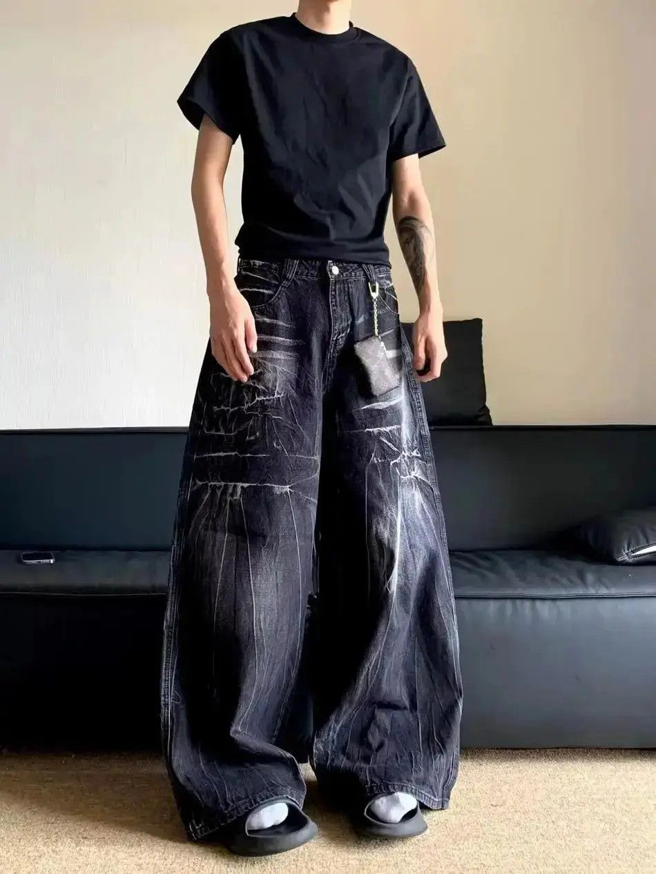 Japanese Brand Vintage washed and distressed graffiti stripe baggy jeans Size US 34 / EU 50 - 5 Thumbnail
