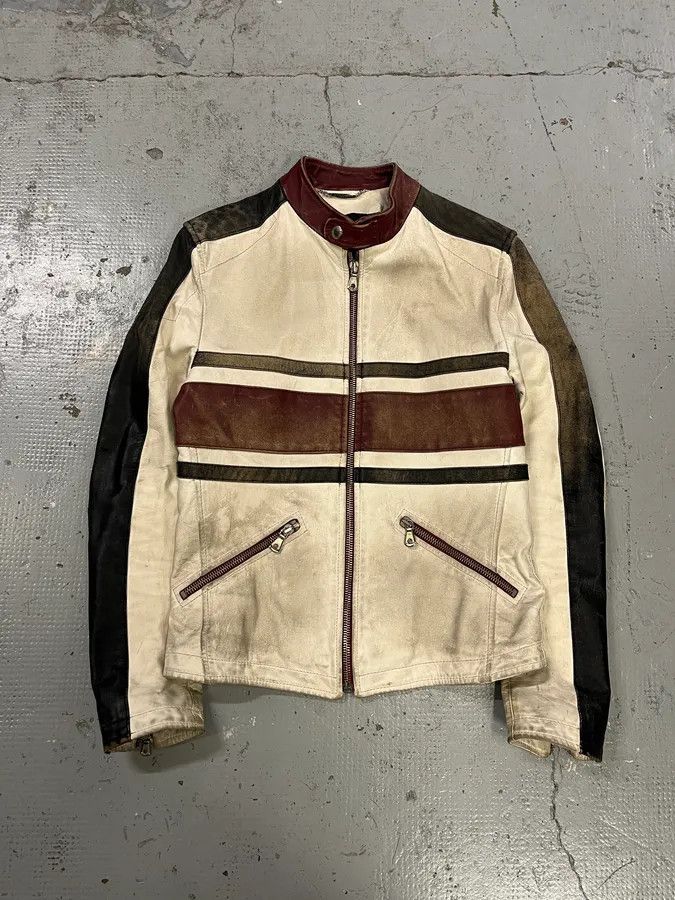 Dolce & Gabbana 2000s Dolce & Gabbana Striped Eroded Cream Leather Moto Jacket Size US S / EU 44-46 / 1 - 1 Thumbnail