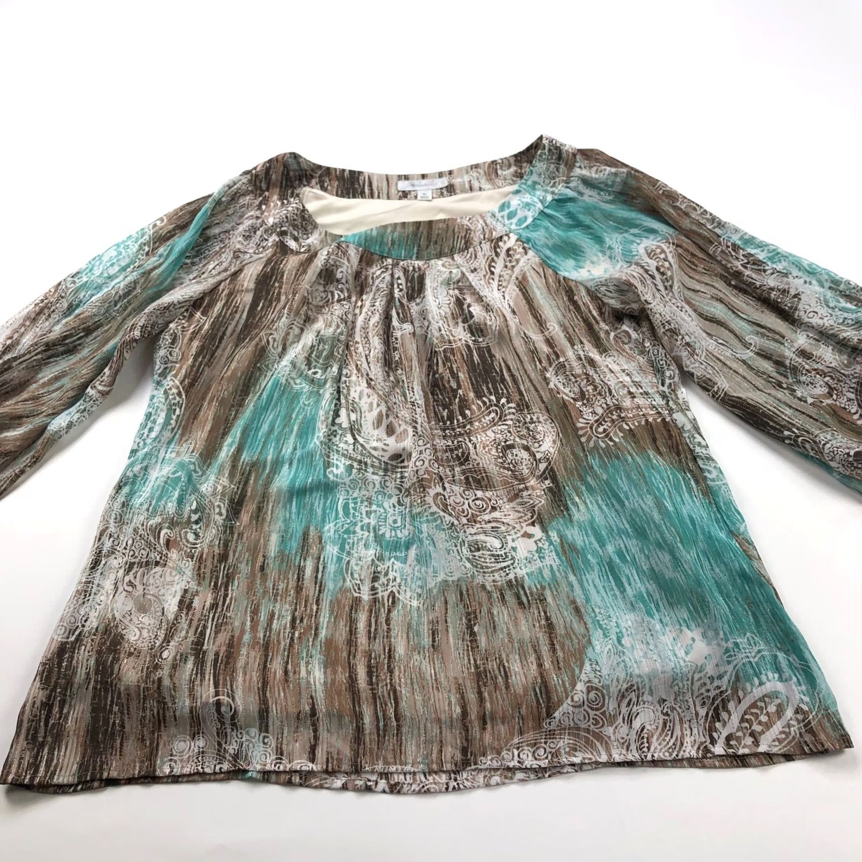Vintage Dressbarn Blouse Shirt Dressbarn XL Whimsy Smocked BOHO Abstract Top Sheer Sleeve Brown Blue Geometric Long Sleeve Scoop Neck Casual Womens Girls Mens Size XL / US 12-14 / IT 48-50 - 7 Thumbnail