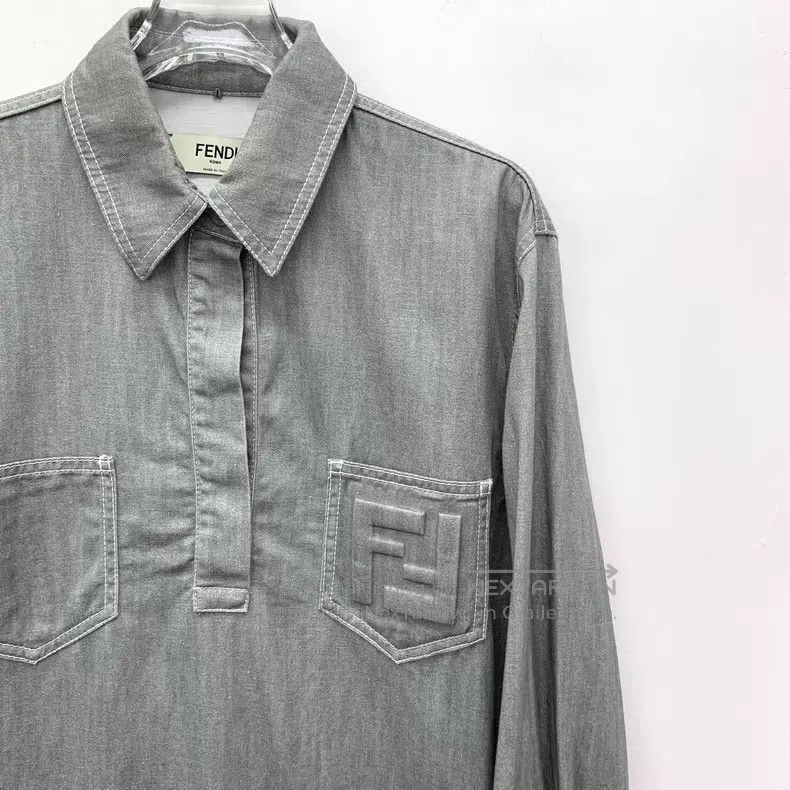 Fendi Fendi 2022 Grey Green Logo Relief Cotton Collar Long Sleev Size XS / US 0-2 / IT 36-38 - 3 Thumbnail