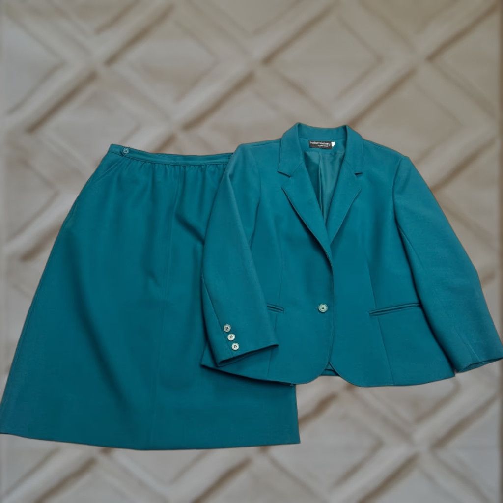 Vintage VINTAGE Haberdashery 90s 2 Piece Suit Set Blazer Skirt Womens 10 Teal Blue Size 32" / US 10 / IT 46 - 1 Thumbnail