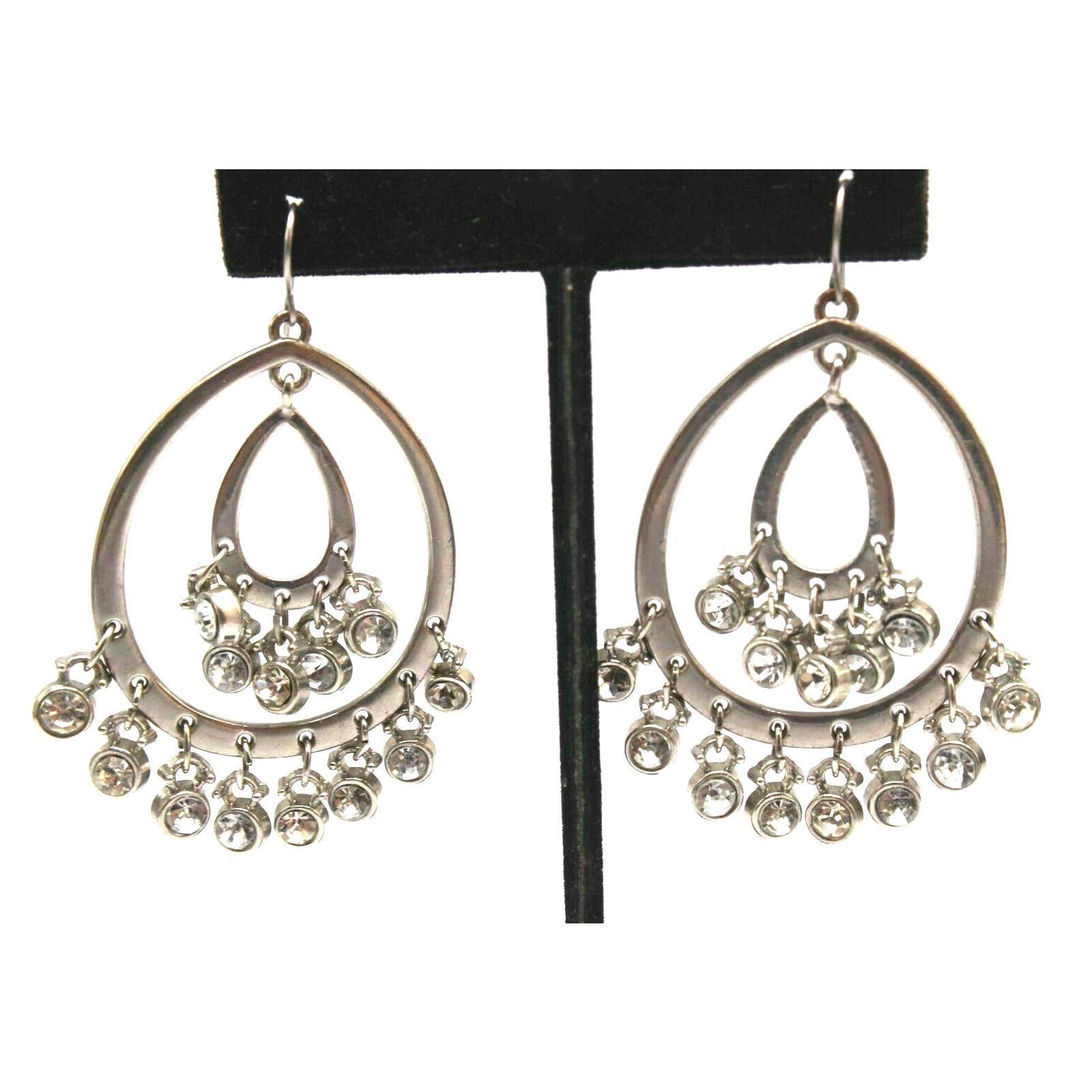 Other Rhinestone Dangle Double Hoop Silvertone Earrings • 2" Hook Size ONE SIZE - 1 Thumbnail