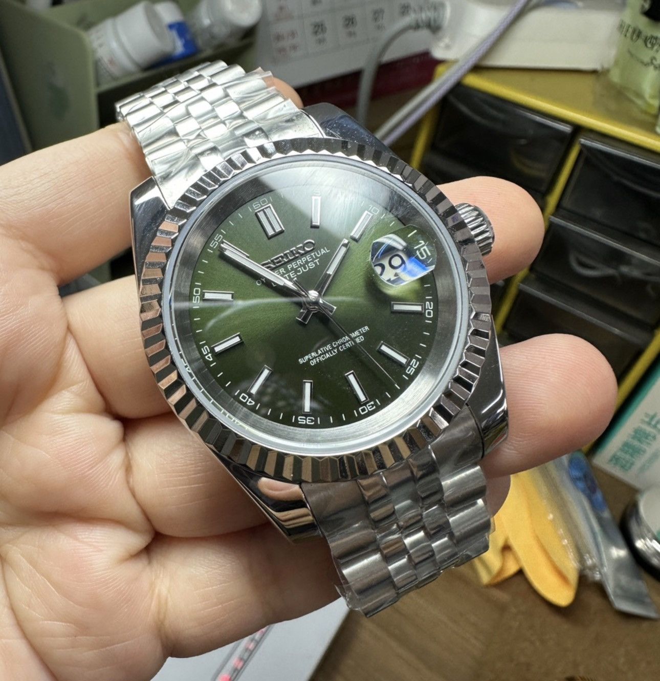 Japanese Brand Seiko Mod Datejust Olive Dial Steel Jubilee Watch NH35 39mm Size ONE SIZE - 1 Thumbnail