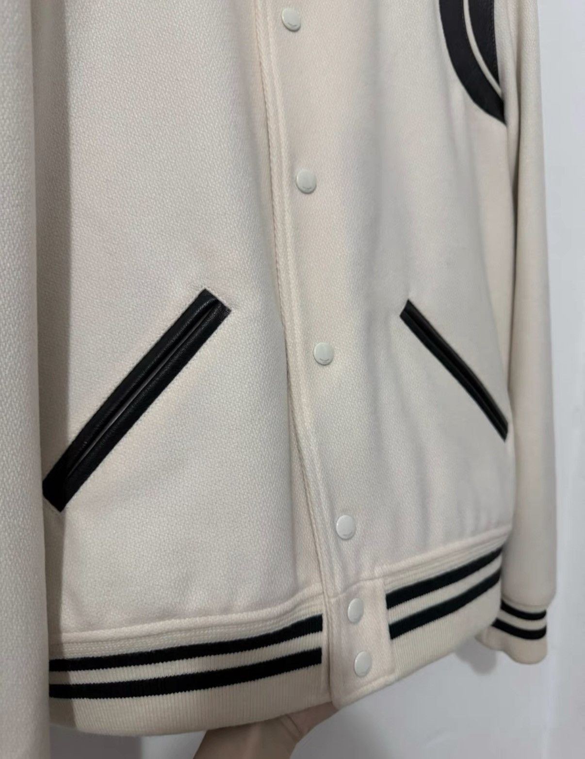 Saint Laurent Paris SLP) 21FW Wool Leather-Paneled Black/White Varsity Jacket Size US XL / EU 56 / 4 - 3 Thumbnail