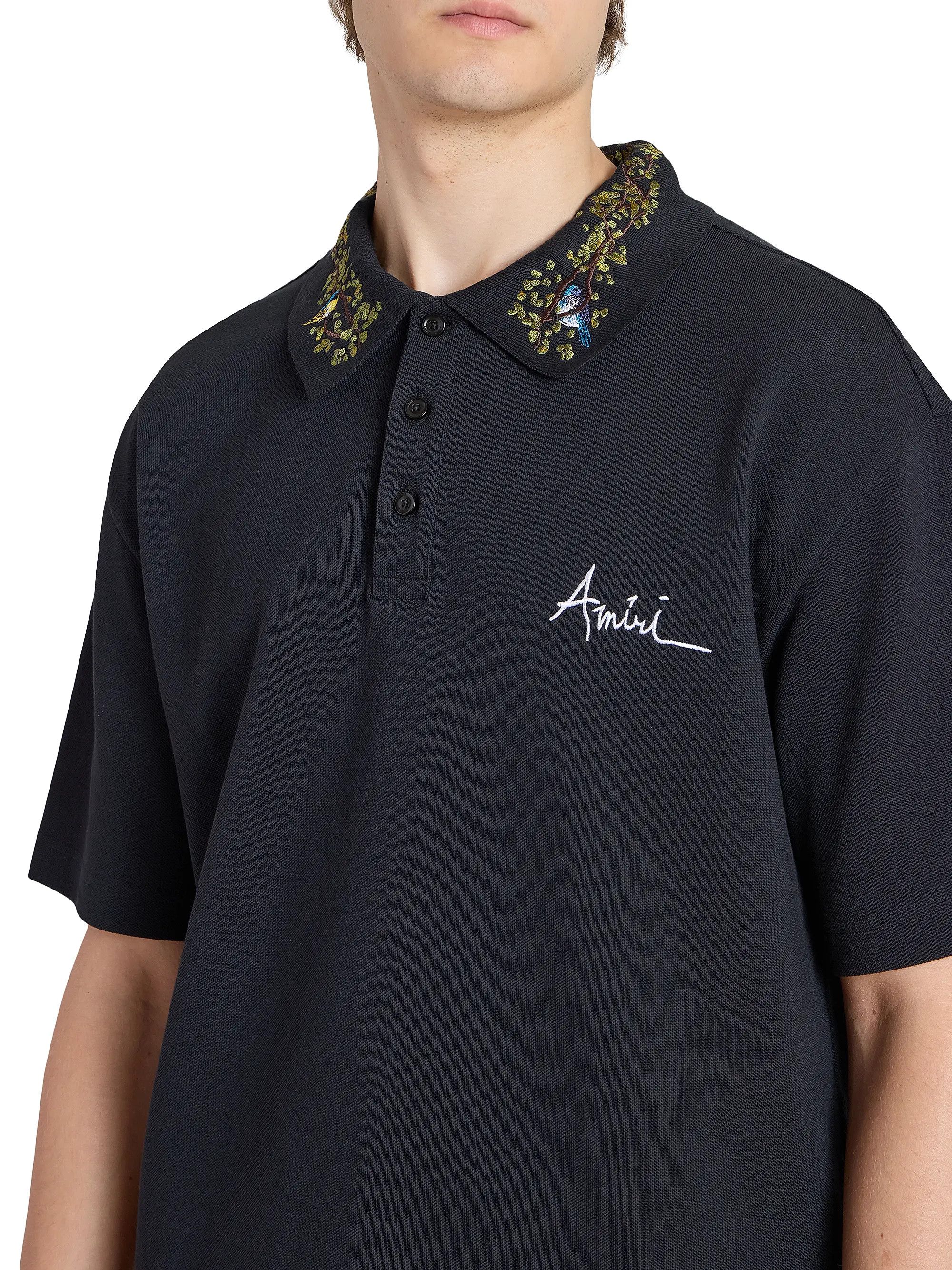 Amiri os11x0526 Embroidered Floral Collar Polo Shirt in Black Size US M / EU 48-50 / 2 - 6 Thumbnail
