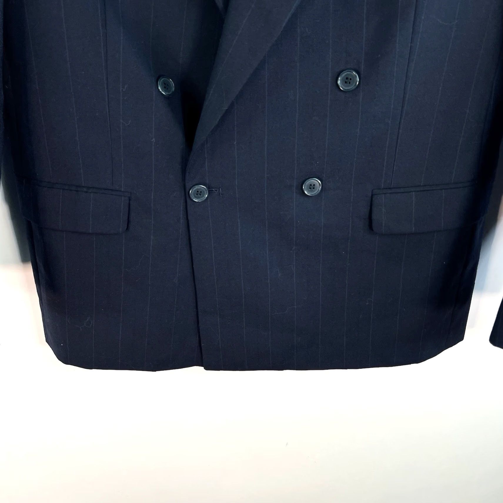 Yves Saint Laurent VINTAGE Saint Laurent Men's Suit Jacket Wool Double Breast Pin Stripe Blue 44 Regular Elegant Formal Business Size 44R - 4 Thumbnail
