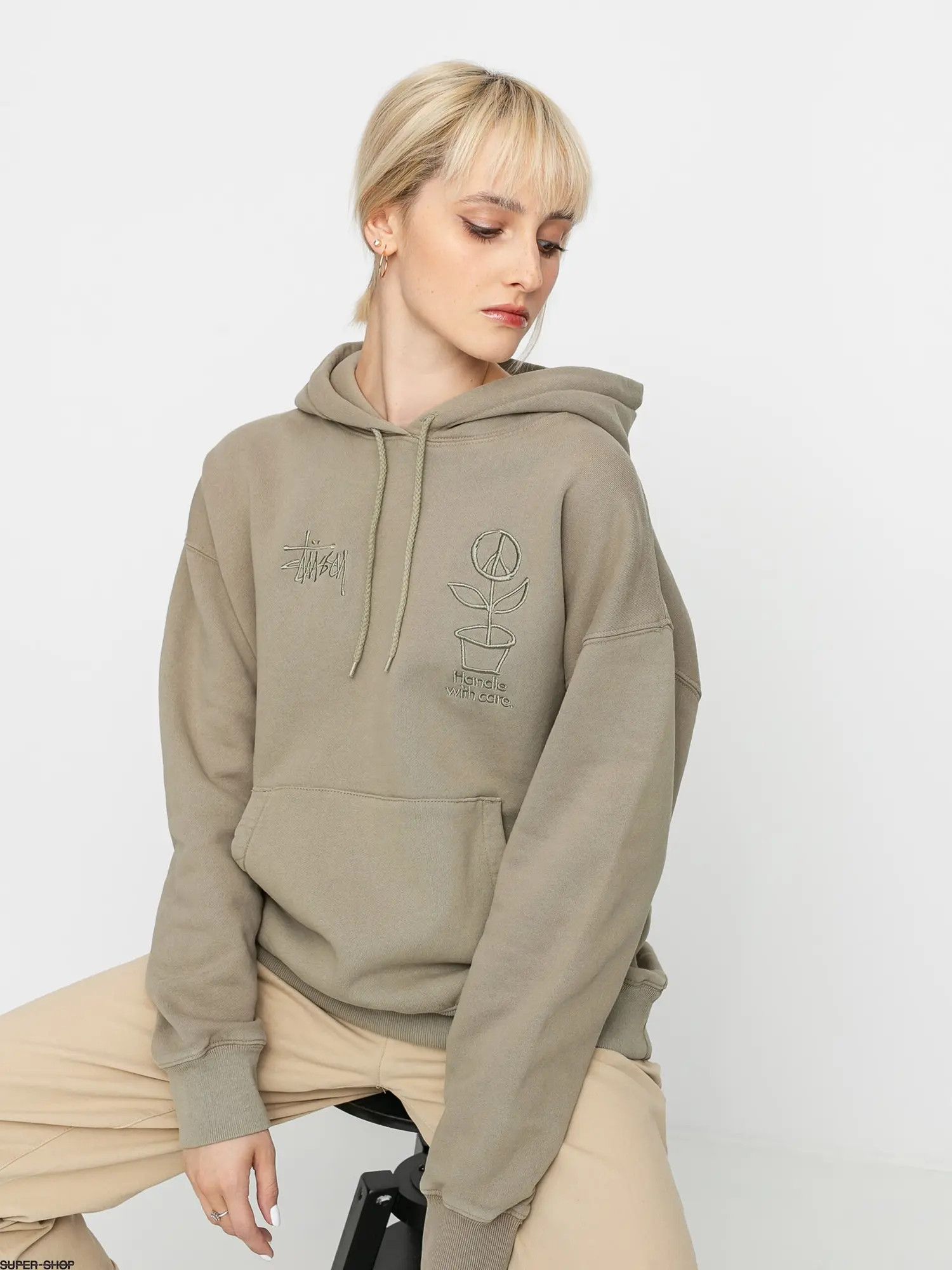 Stussy Embroidery Handle With Care Peace Flower Hoodie