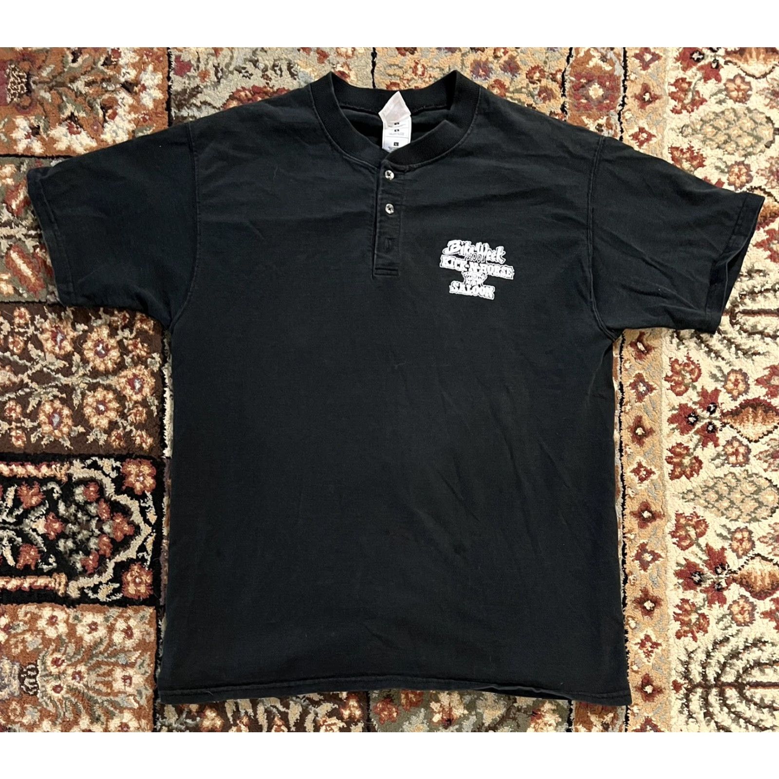 Fruit Of The Loom VINTAGE Kick-N-Horse Saloon Button Black T-Shirt Mens L Cotton 2001 Awendaw SC Size US L / EU 52-54 / 3 - 8 Thumbnail