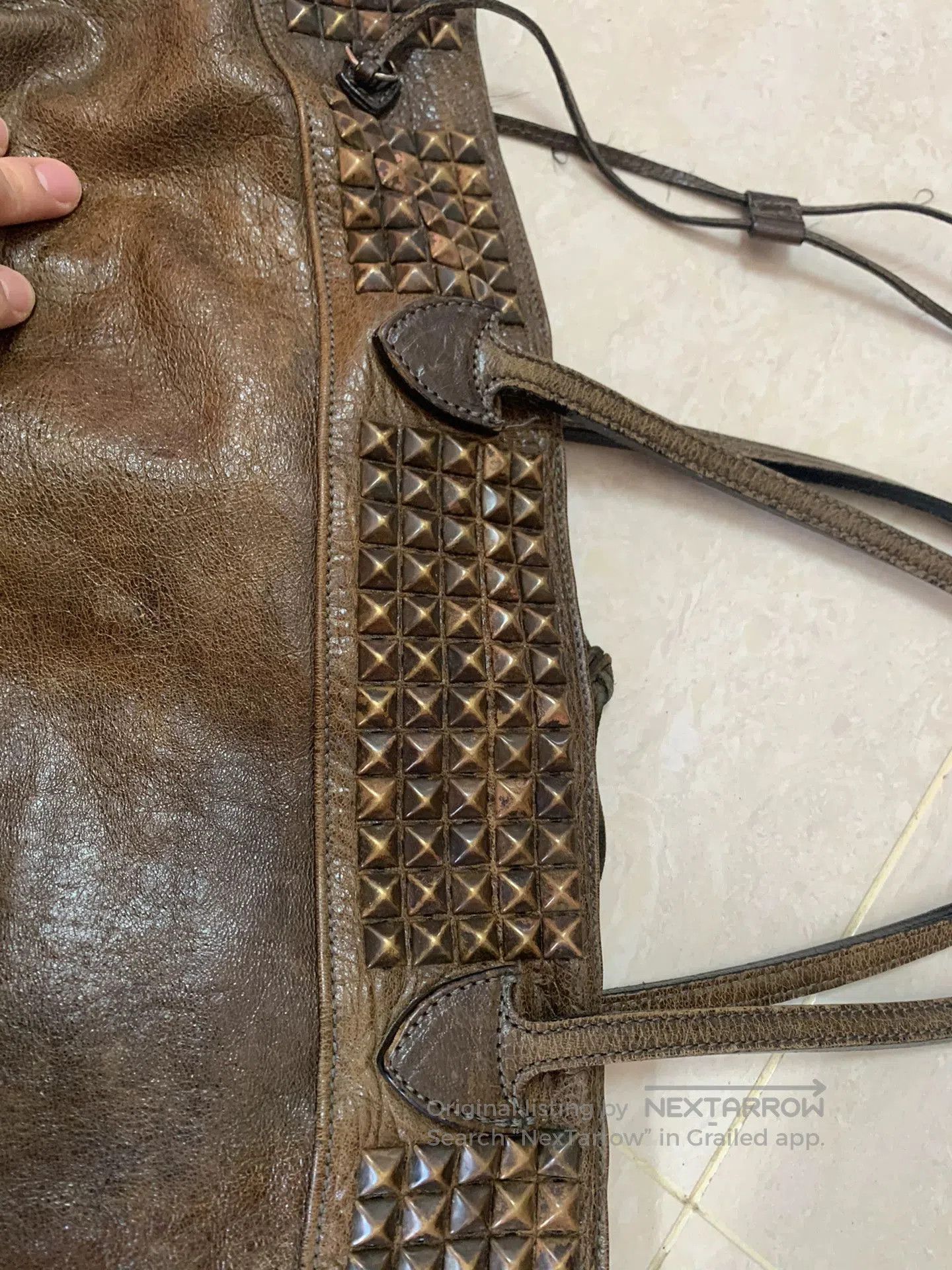 Japanese Brand Brown Leather Tote Bag with Studs. Size ONE SIZE - 3 Thumbnail