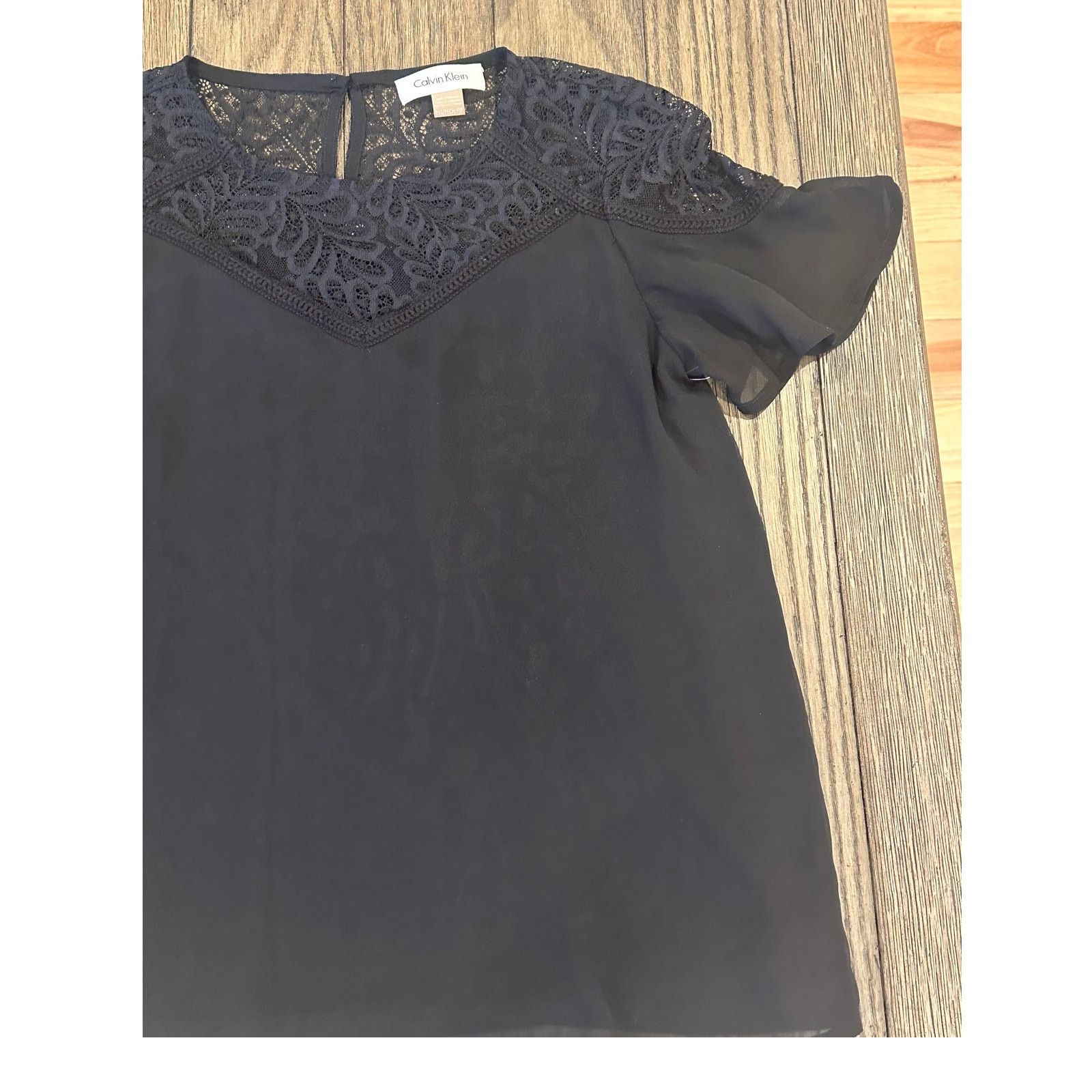Calvin Klein Calvin Klein Women's Black Lace Neck Sheer Short Sleeve PXS Size XS / US 0-2 / IT 36-38 - 3 Thumbnail