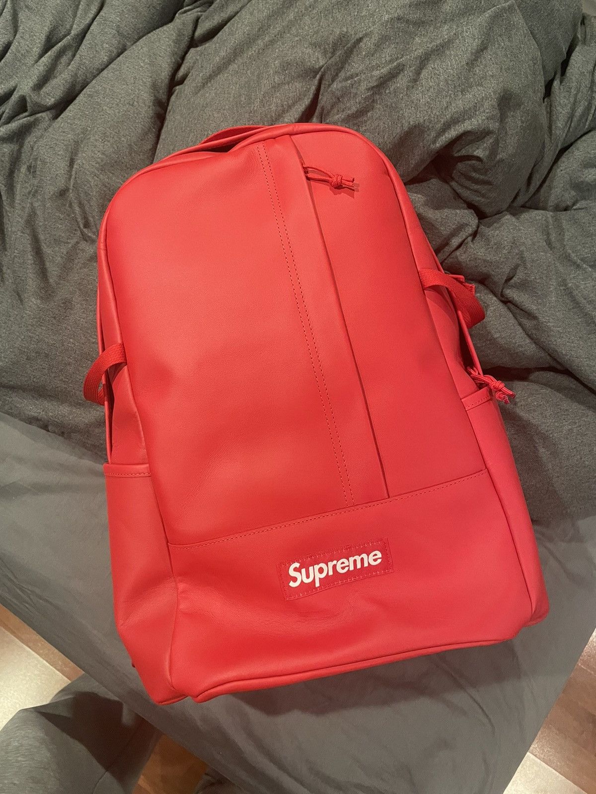 Red leather supreme backpack online