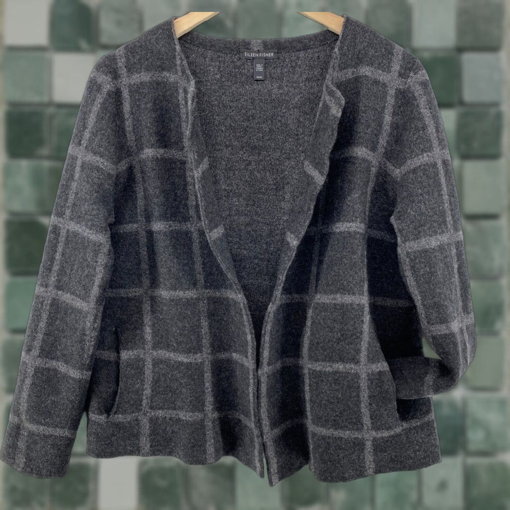 EILEEN FISHER Cardigan M Merino Wool Windowpane Open Front Long Sleeve Gray Shirt Womens XS?