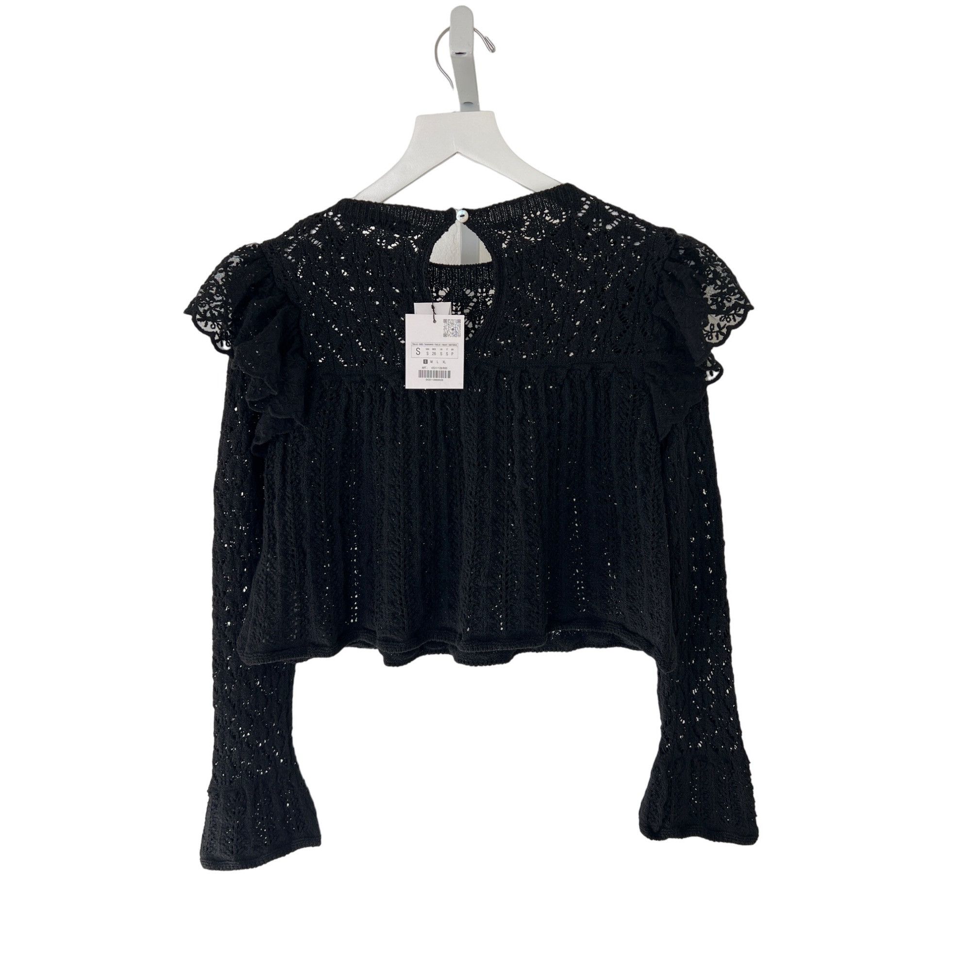 Zara Zara Black Pointelle Ruffle Long Sleeve Semi Crop Top Size S / US 4 / IT 40 - 10 Thumbnail
