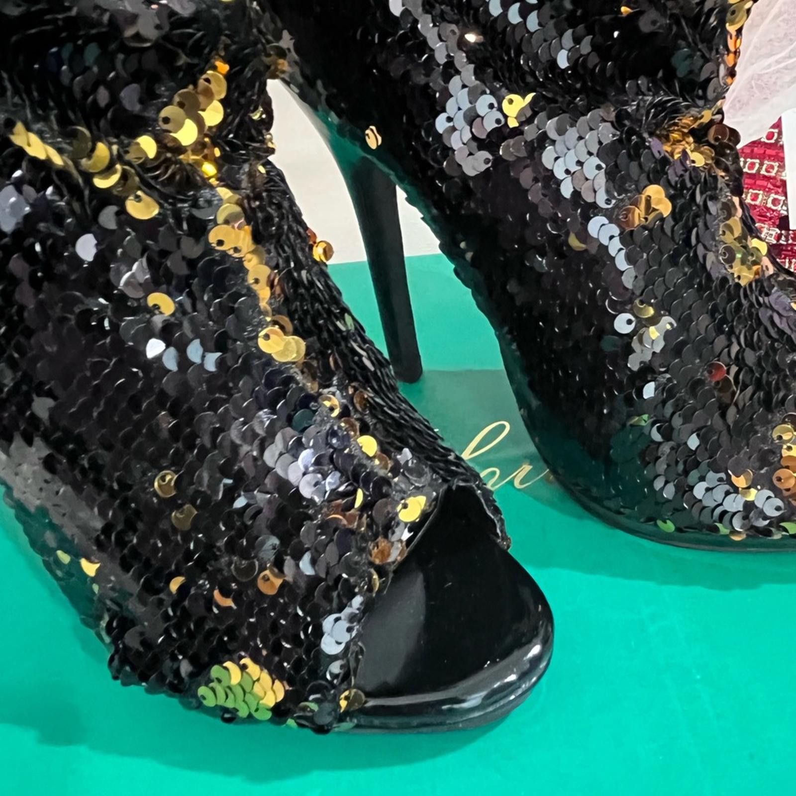 Other Lauren Lorraine Black and Gold Sequin Heeled Boots Size US 5.5 / IT 35.5 - 2 Thumbnail