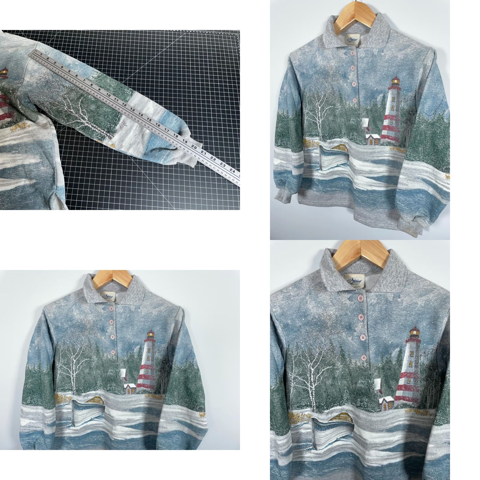Vintage VINTAGE Artisan's Sweatshirt Women's Small AOP All Over Print 90s Scenic Lighthouse Geometric Print Cap Collared Pullover Navy Gray/Multi Size S / US 4 / IT 40 - 8 Thumbnail