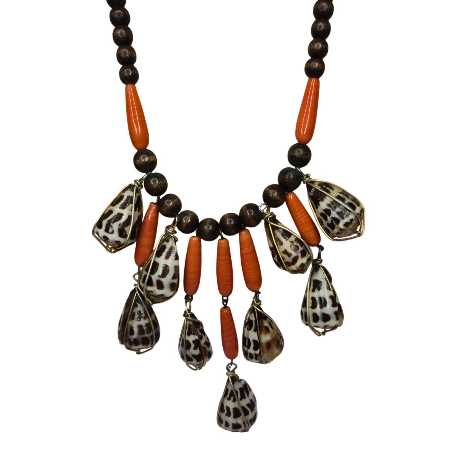Vintage Vintage Chunky Statement Necklace Tiger Cone Shell Fringe Size ONE SIZE - 2 Thumbnail