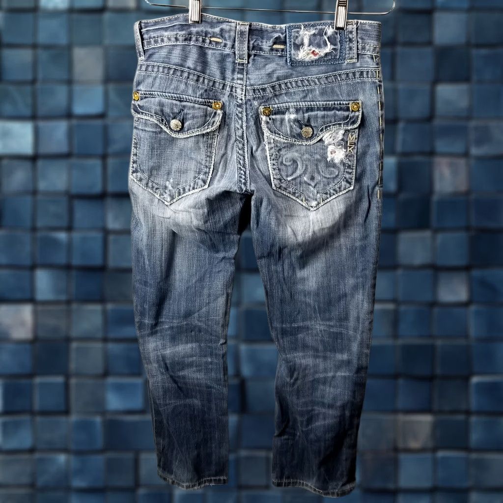 Vintage MEK Jeans Seattle 30X34 Flare Leg Wide Leg Button Fly Distressed Whiskers Flap Jeans Womens 30 Blue Denim Distressed Wide-Leg Flare Size 30" / US 8 / IT 44 - 1 Thumbnail