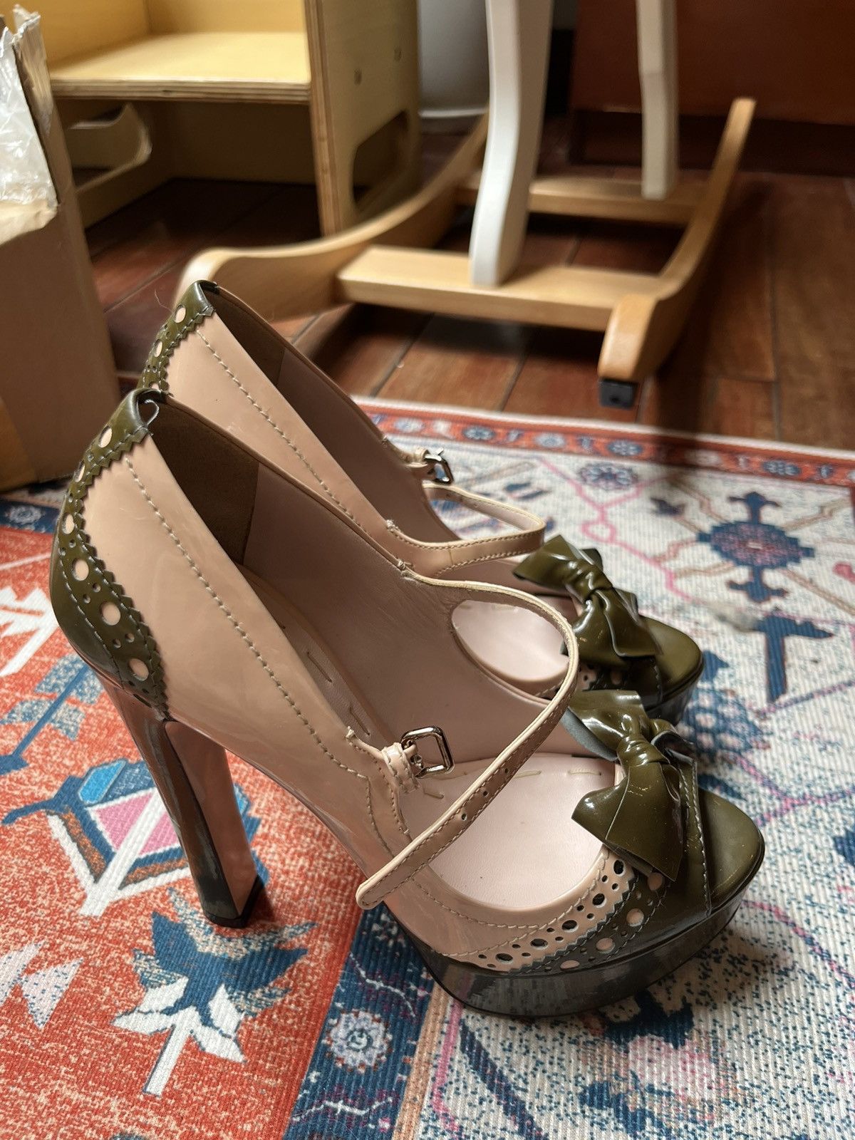Miu Miu Miu Miu cream and moss green Mary Jane platform heels Size US 6 / IT 36 - 1 Thumbnail