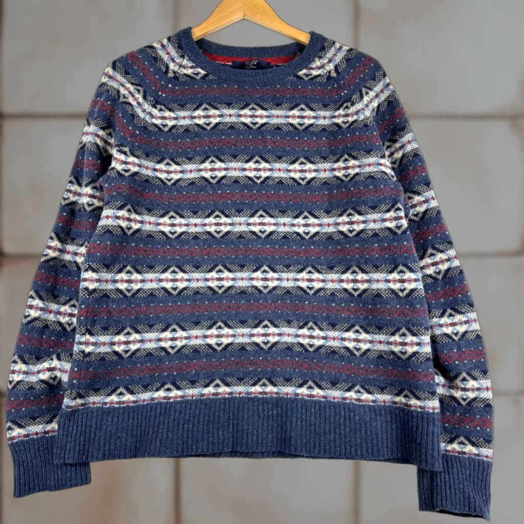 J.Crew J.CREW Mens XL Fair Isle 100% Lambs Wool Knit Crew Neck Sweatshirt Navy Blue Sweater Pullover Knit Wool Winter Casual Size US XL / EU 56 / 4 - 1 Thumbnail