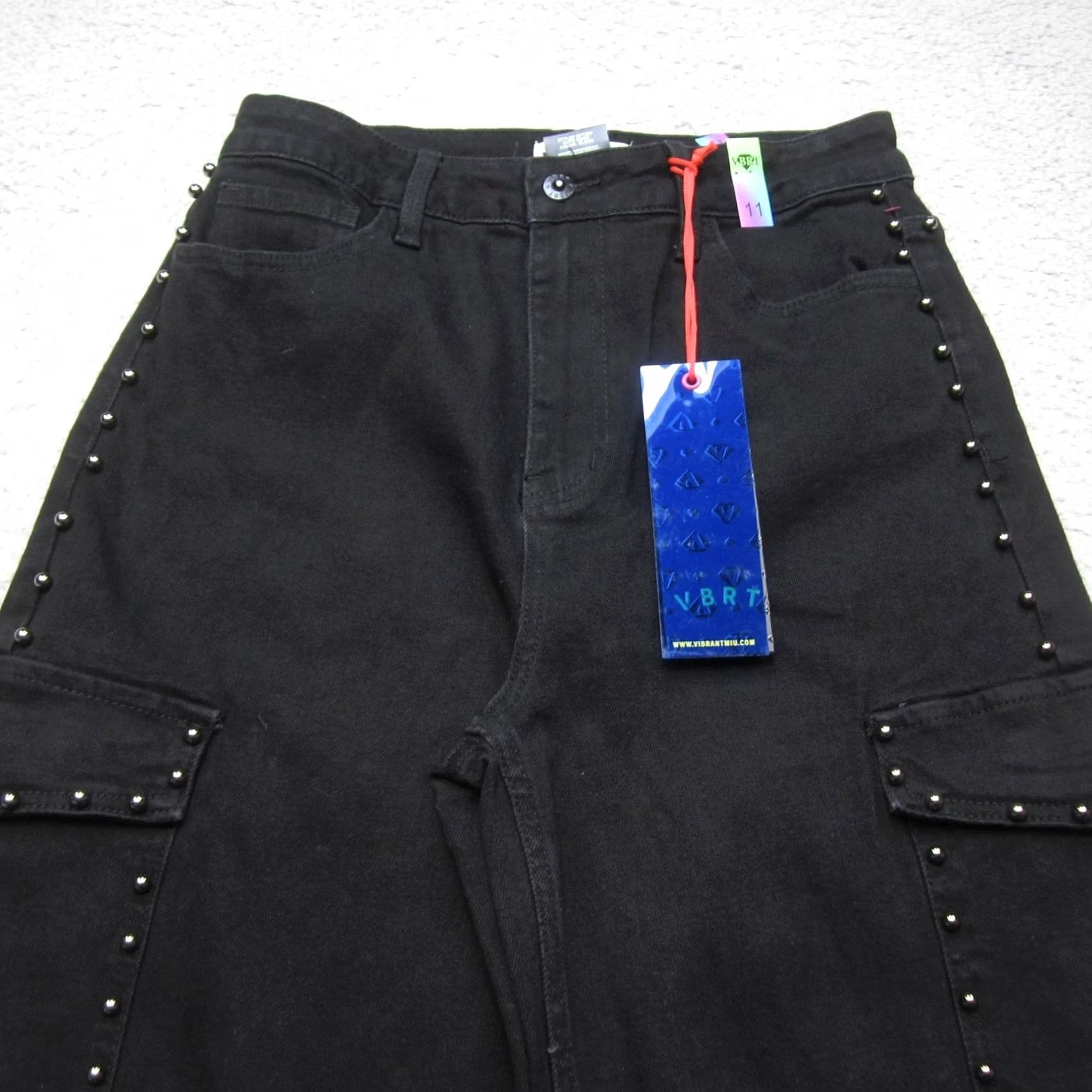 Vintage VINTAGE VBRT Vibrant Miu Cargo Jeans Womens 11 Black Studded Wide Leg High Rise Denim Size 32" / US 10 / IT 46 - 2 Thumbnail