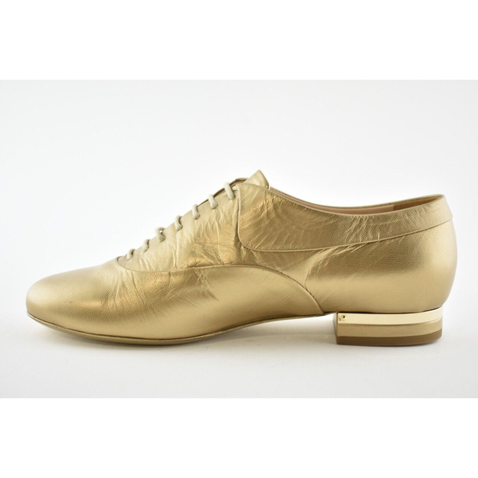 Chanel 15A Gold Lace Up Tie Leather Pearl CC Oxford