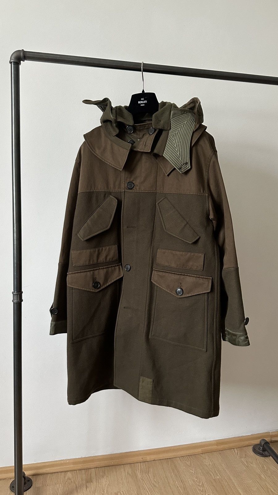 image of Berluti x Haider Ackermann Fw17 Runway Khaki Military Wool Coat With Removable Hood (Size Medium)