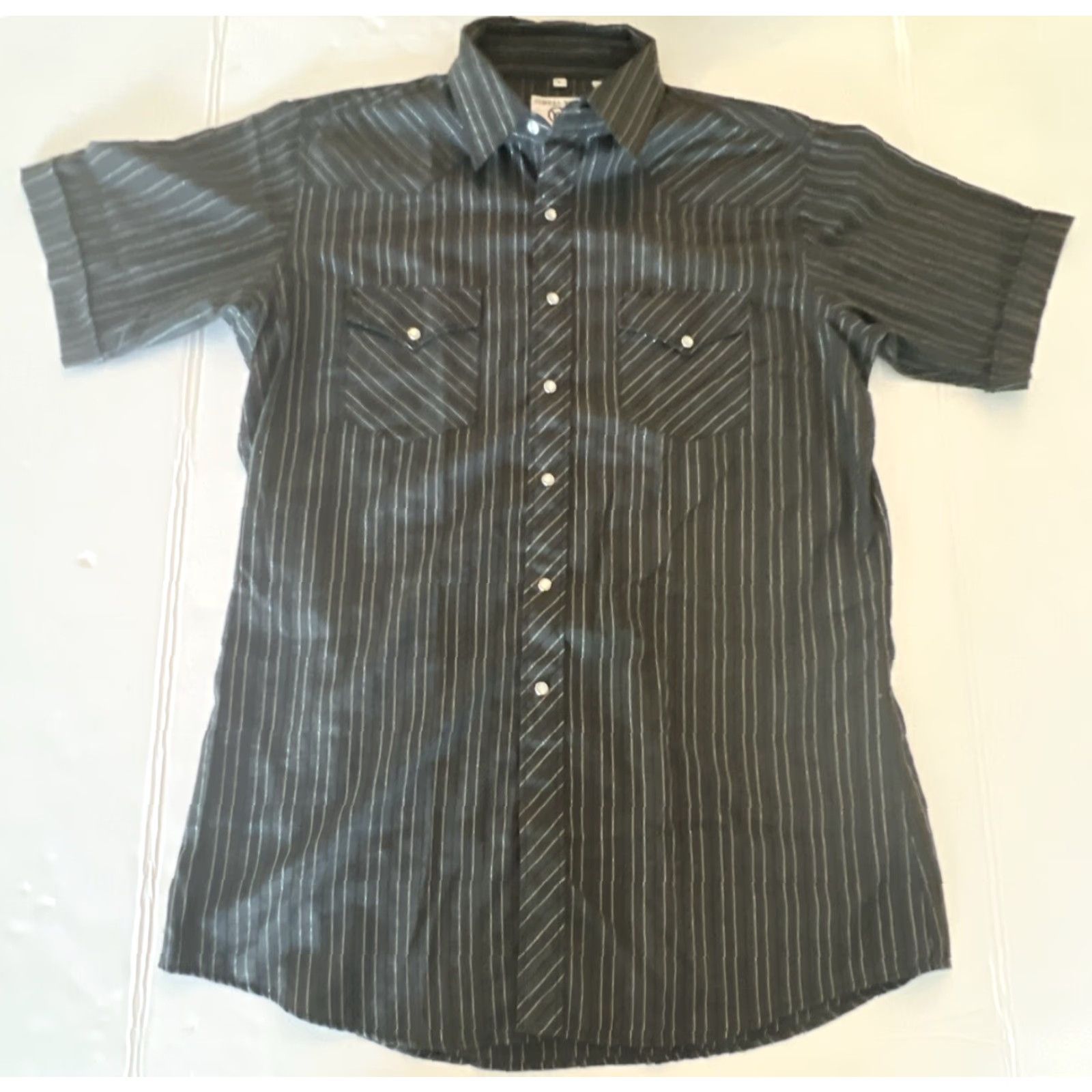 Vintage VINTAGE Corral West Ranch Wear Men’s Large Pearl Snap Striped Short Sleeve USA Shirt Men L Black Striped USA Buttons Snap Size US 33 - 2 Thumbnail