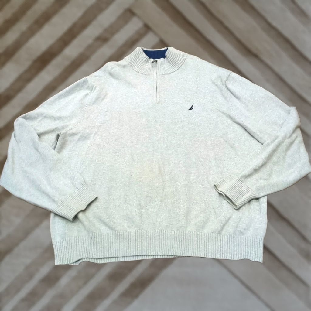Nautica NAUTICA Sweater Pullover 1/4-Zip 2XL Mock Neck Long Sleeve Cotton Gray Mens Vintage Classic Logo Knit Winter White (Big & Tall) Size US XXL / EU 58 / 5 - 1 Thumbnail