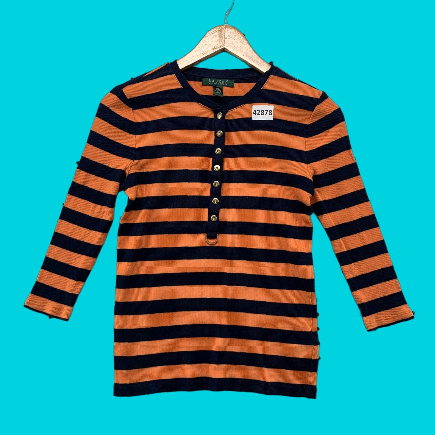 Ralph Lauren Lauren Ralph Lauren Henley Shirt Womens Small Orange Navy Striped 3/4 Sleeve Casual Blouse Size S / US 4 / IT 40 - 1 Thumbnail