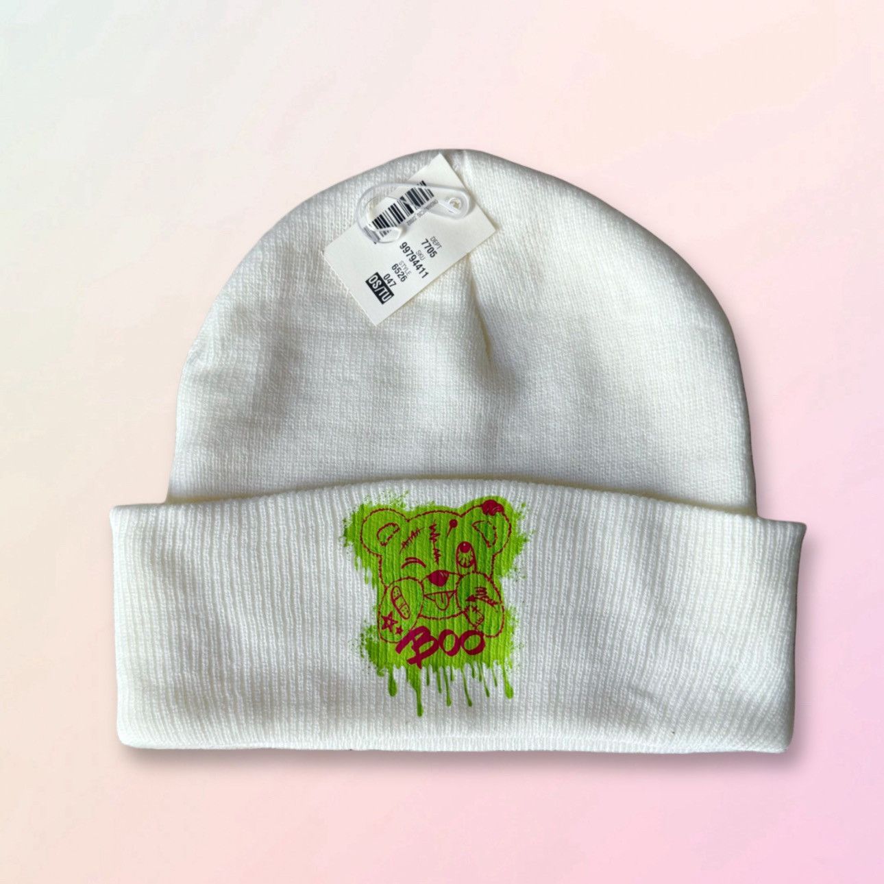 Aeropostale Upcycled, Neon Boo Bear, Knitted Ivory Beanie, Unisex Size ONE SIZE - 1 Thumbnail