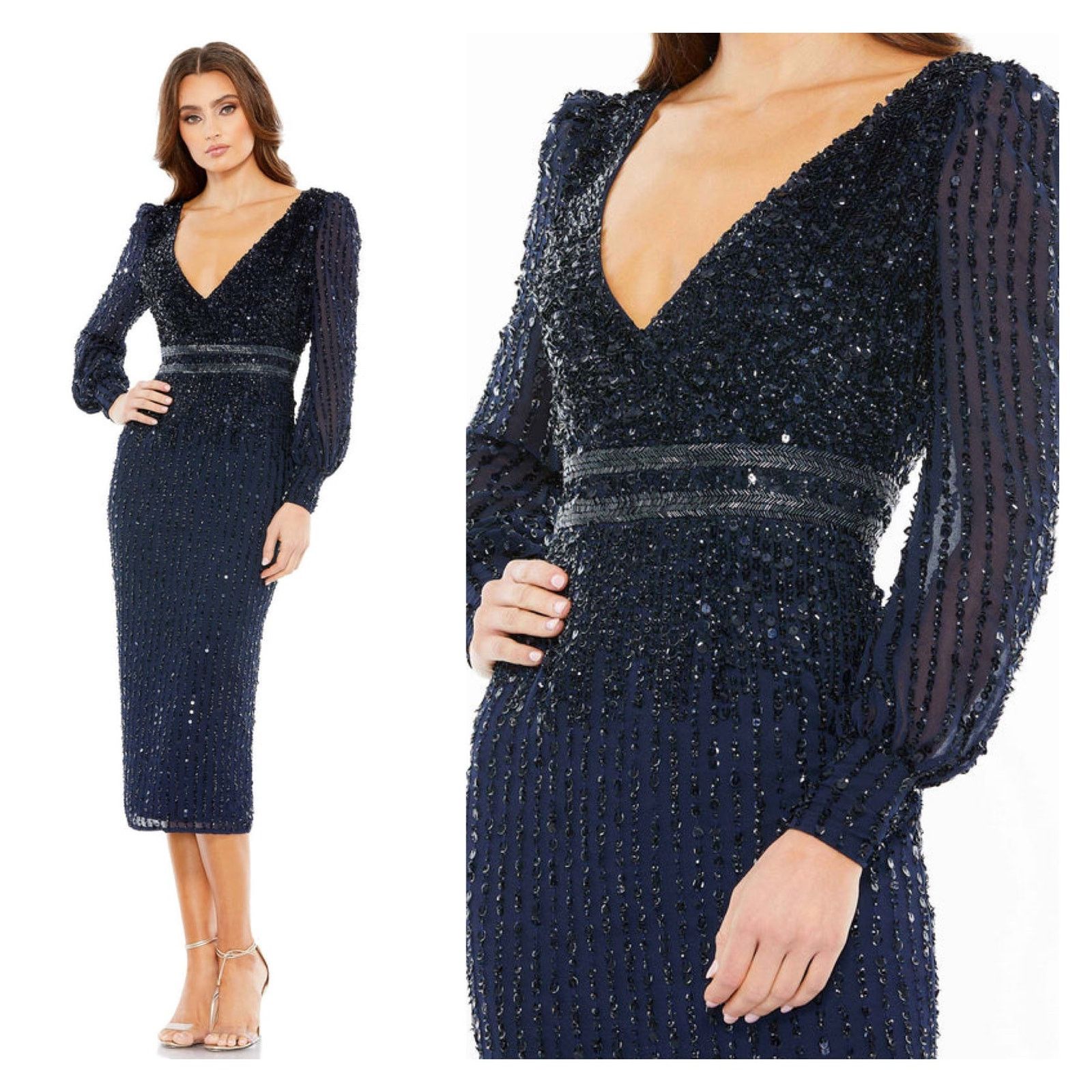 Mac Duggal Mac Duggal Midnight Sequined V Neck Bishop Sleeve Dress Sz 8 Size M / US 6-8 / IT 42-44 - 1 Thumbnail