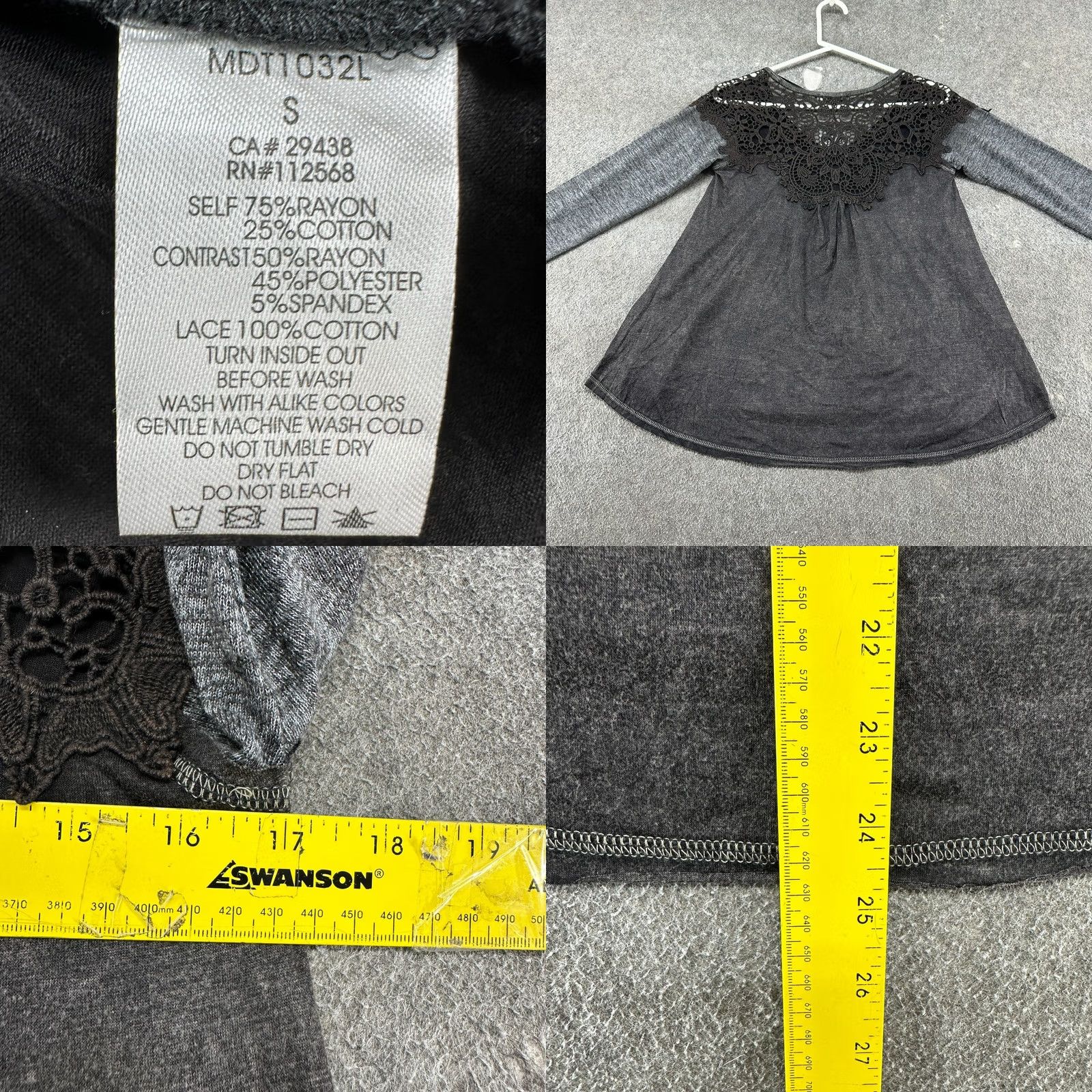 Miss Me VINTAGE Miss Me Shirt Womens S Black Grey Lace Trim Long Sleeve Tunic Raglan Y2K Size S / US 4 / IT 40 - 8 Thumbnail