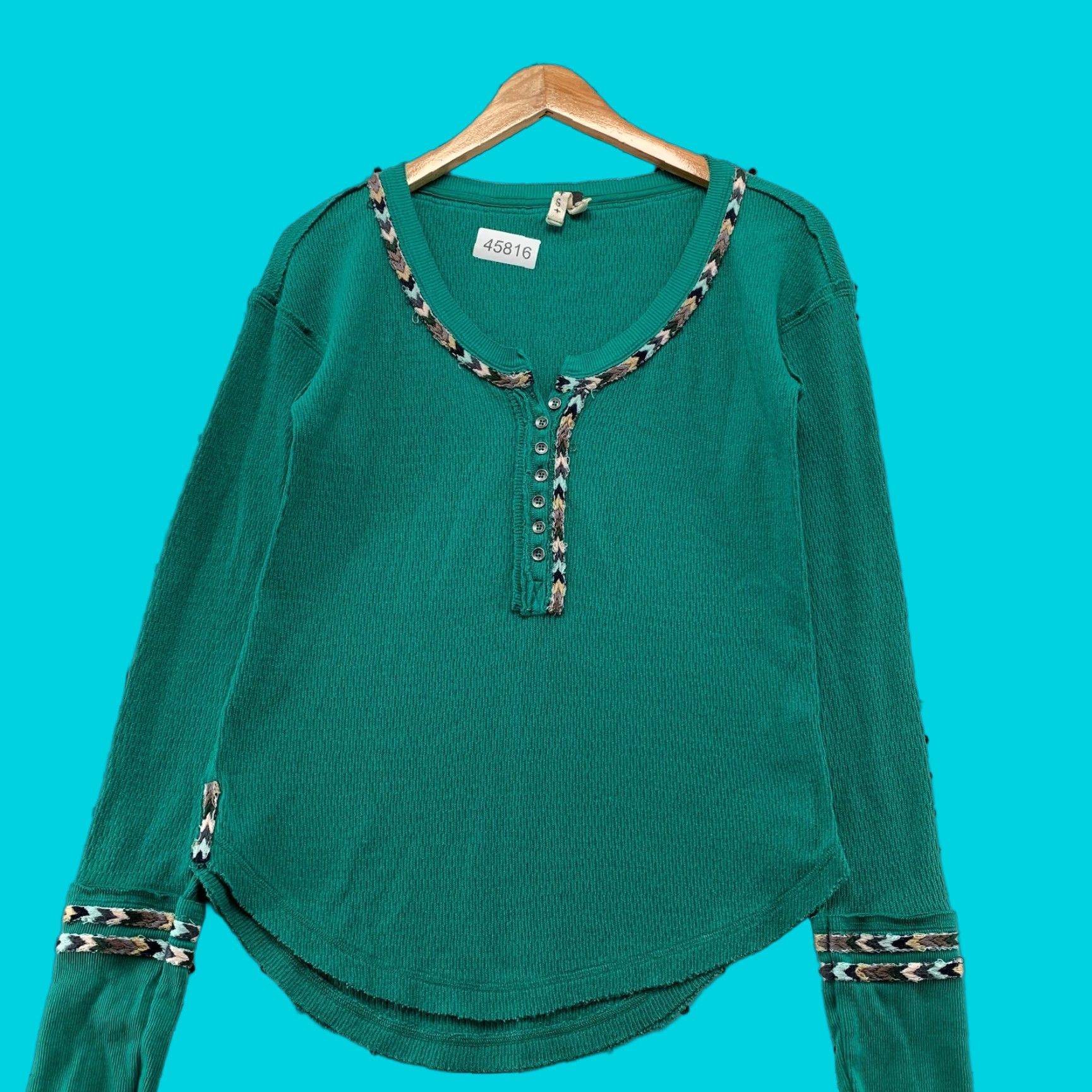 Free People Free People We The Free Henley Thermal Top Womens Small Green Knit Embroidered Boho Shirt Size S / US 4 / IT 40 - 1 Thumbnail