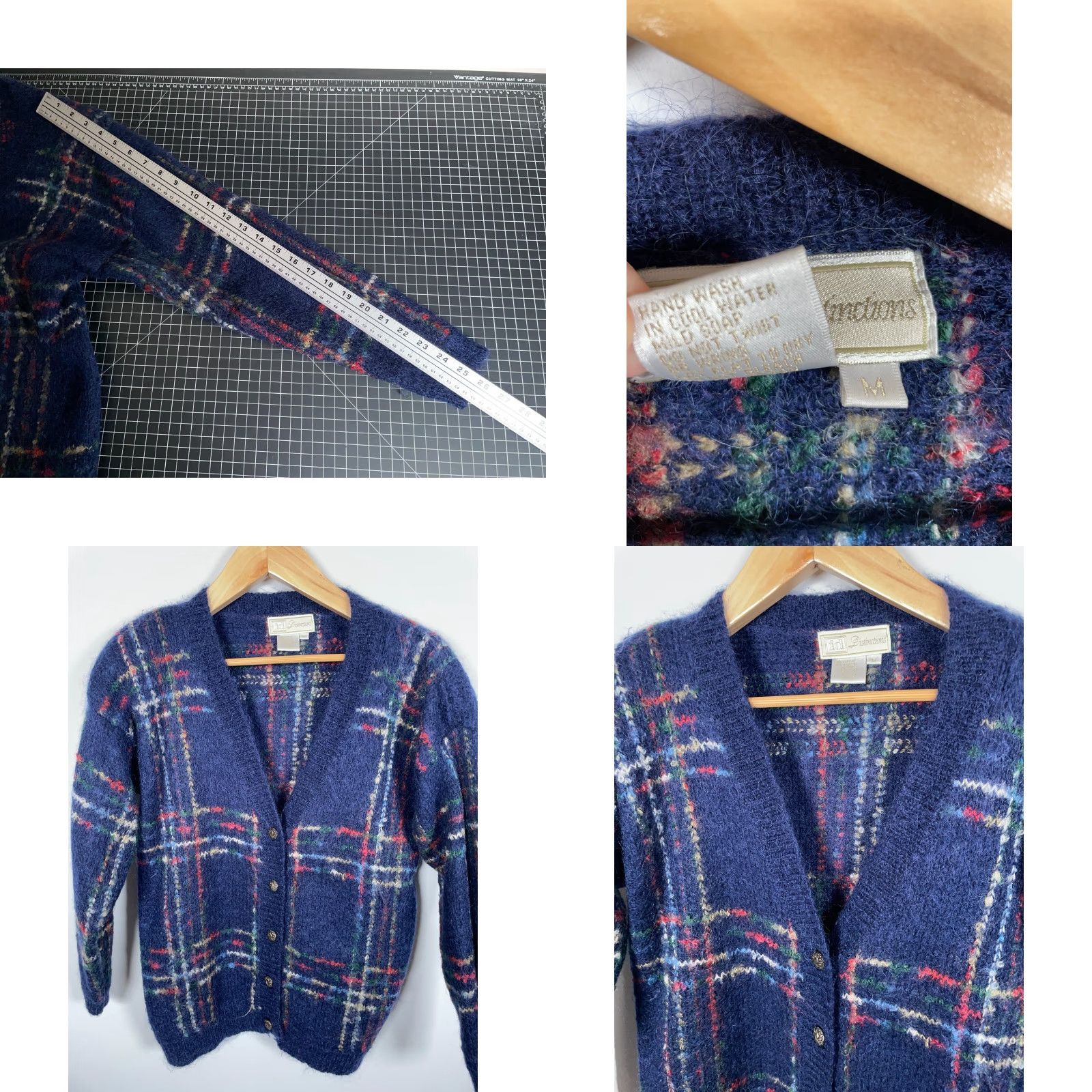 Vintage VINTAGE ID Distinction Cardigan Sweater Dark Blue Check Mohair Blend Women's Medium 90s Retro Knit Shoulder Pads Button Front Knitwear Size M / US 6-8 / IT 42-44 - 8 Thumbnail