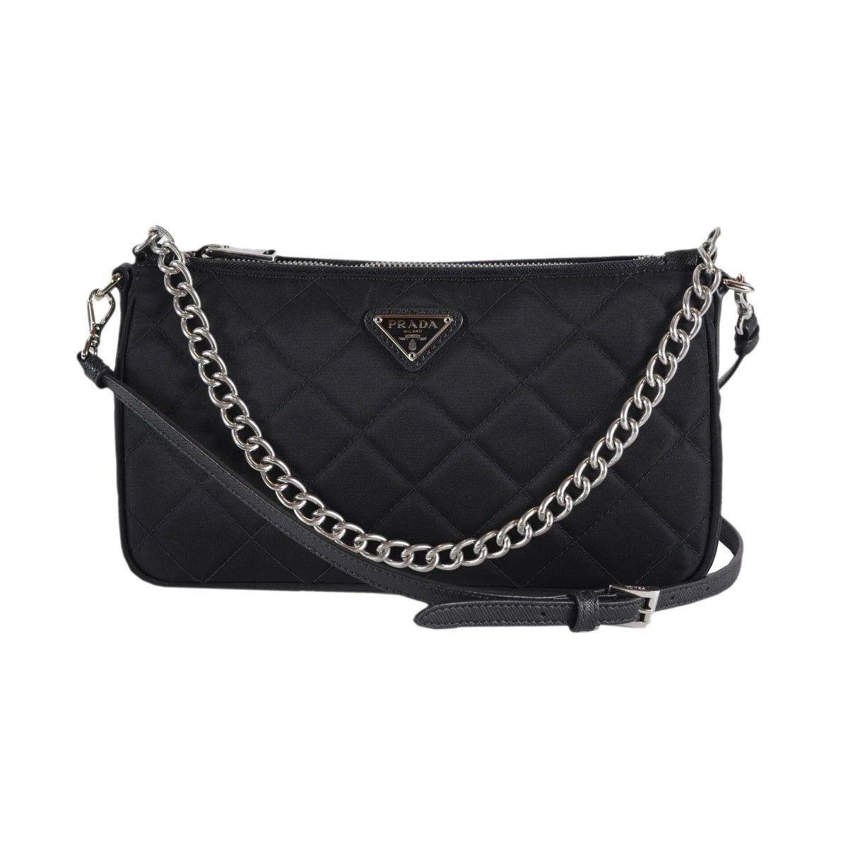 image of NWT Prada Black Tessuto Nylon Quilted Chain Crossbody Bag, Women's