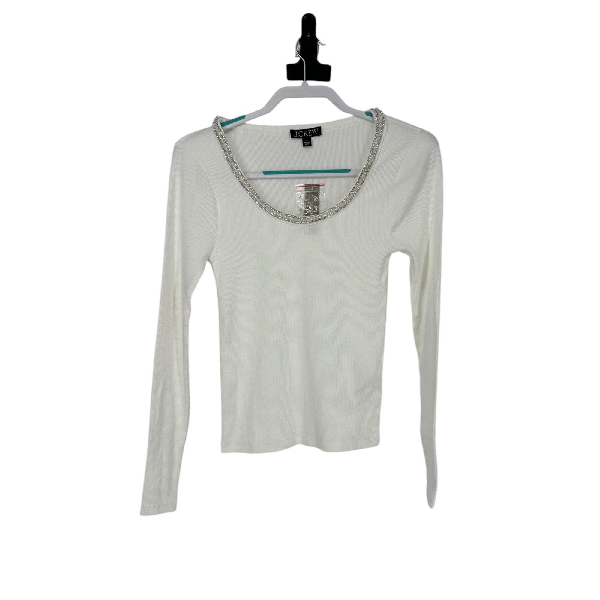 J.Crew J.Crew Polished Glam Rhinestone Neckline Top Small White Rib Size S / US 4 / IT 40 - 1 Thumbnail