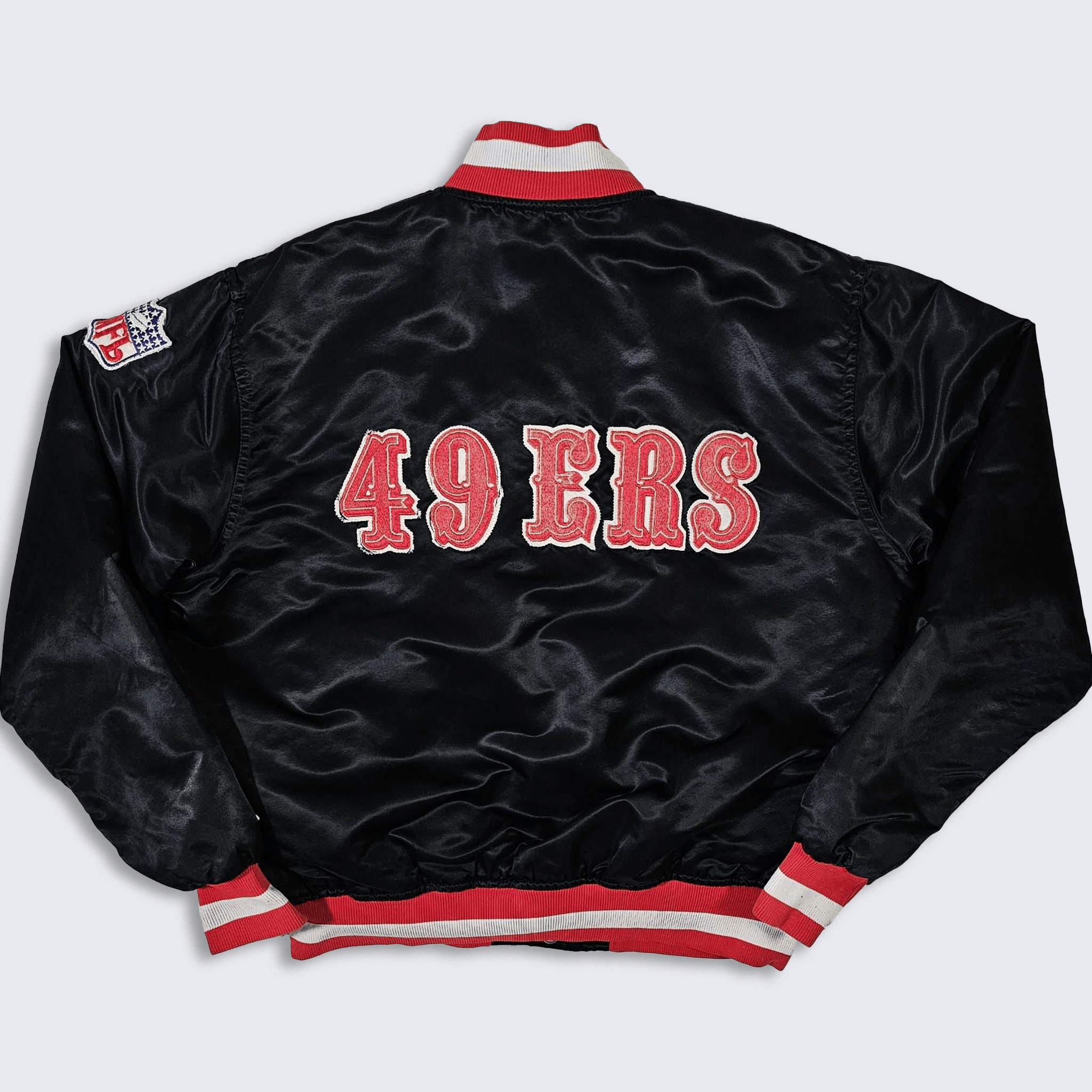 image of Nfl x Starter San Francisco 49Ers Vintage 80's Starter Satin Bomber Jacket in Black Red (Size Large