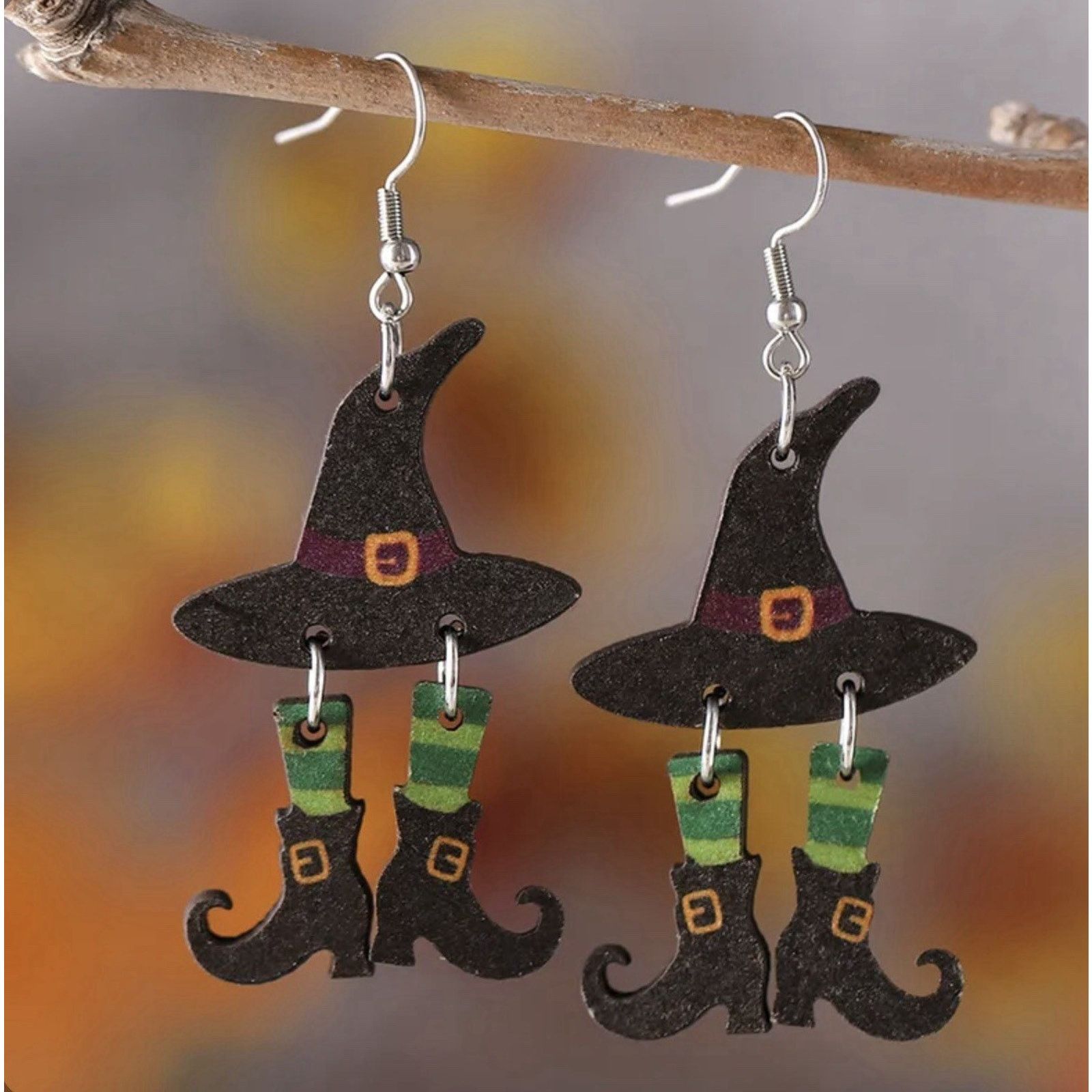 Other Witch Hat Green Stockings Dangle 2D Earrings, Halloween Size ONE SIZE - 1 Thumbnail