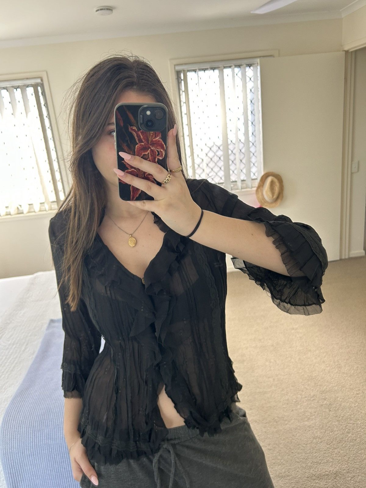 Other Vintage Sheer Black Frilled Blouse Size M / US 6-8 / IT 42-44 - 1 Thumbnail