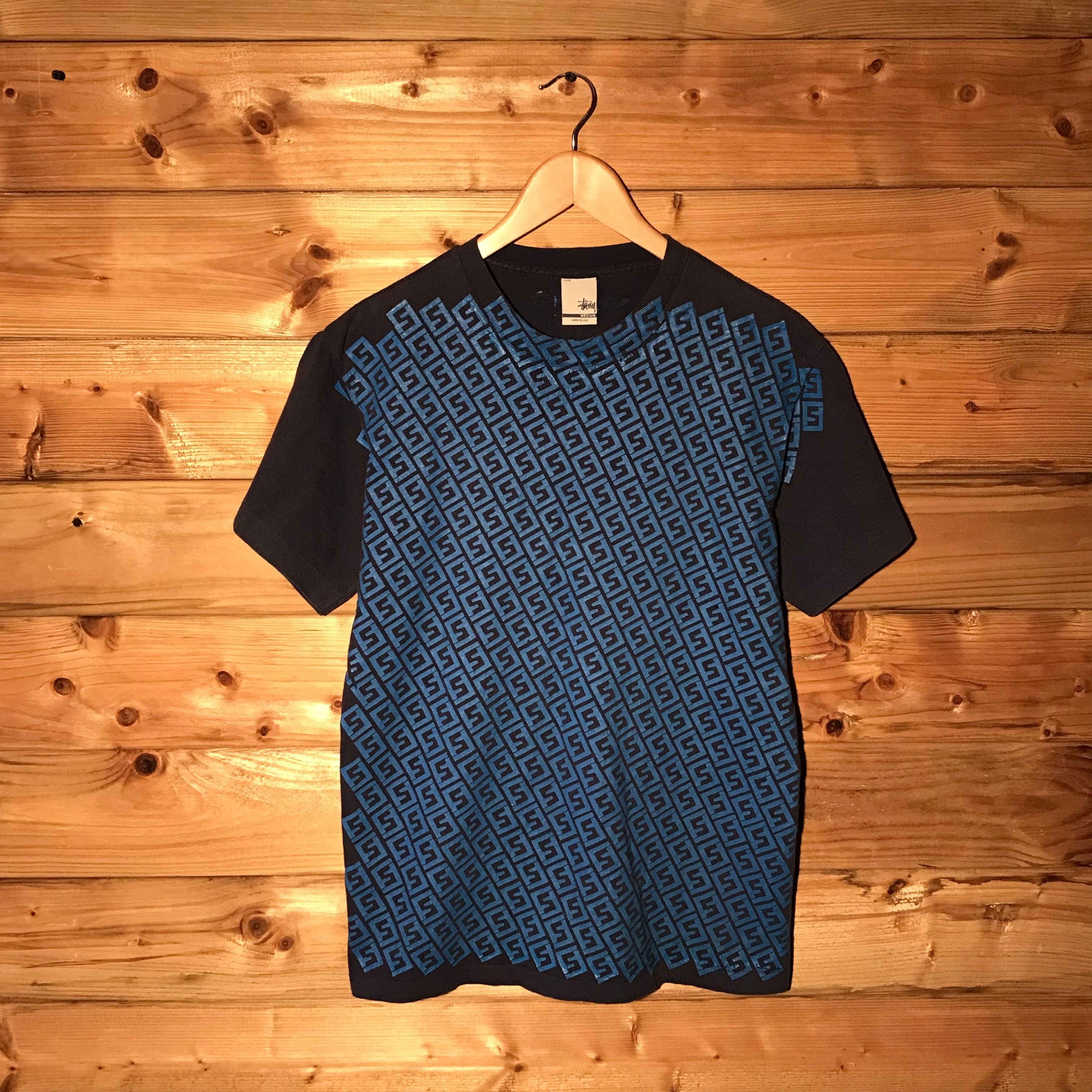 image of Made In USA x Stussy Y2K Stussy Rip Zucca Print Monogram Repeat Pattern T Shirt in Navy (Size Mediu